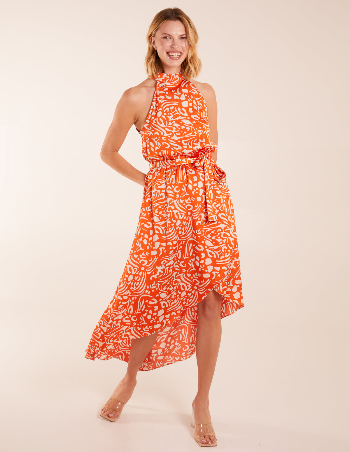 Abstract Print Halter Neck High Low Midi Wrap Dress Abstract Print Halter Neck High Low Midi Wrap Dress