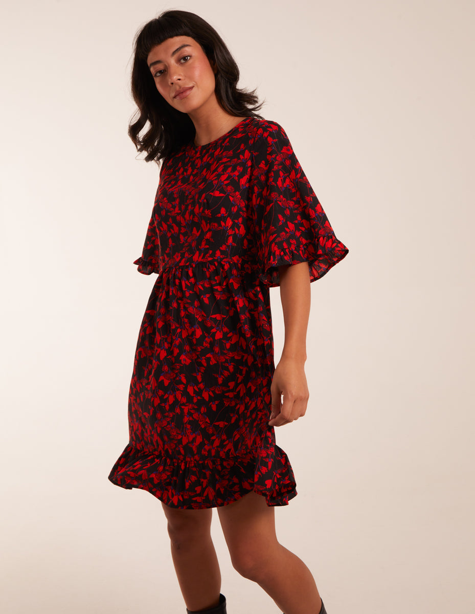 Red | Floral Frill Hem Swing Mini Dress | Blue Vanilla