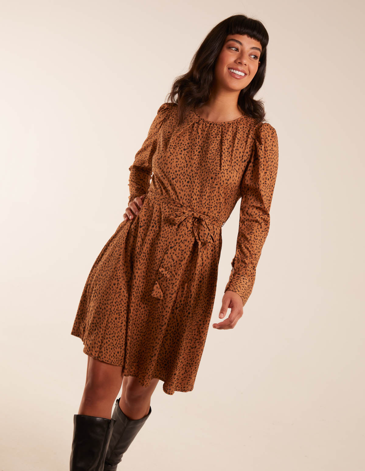 camel skater dress Camel Animal Print Pleated Skater Dress | AX Paris