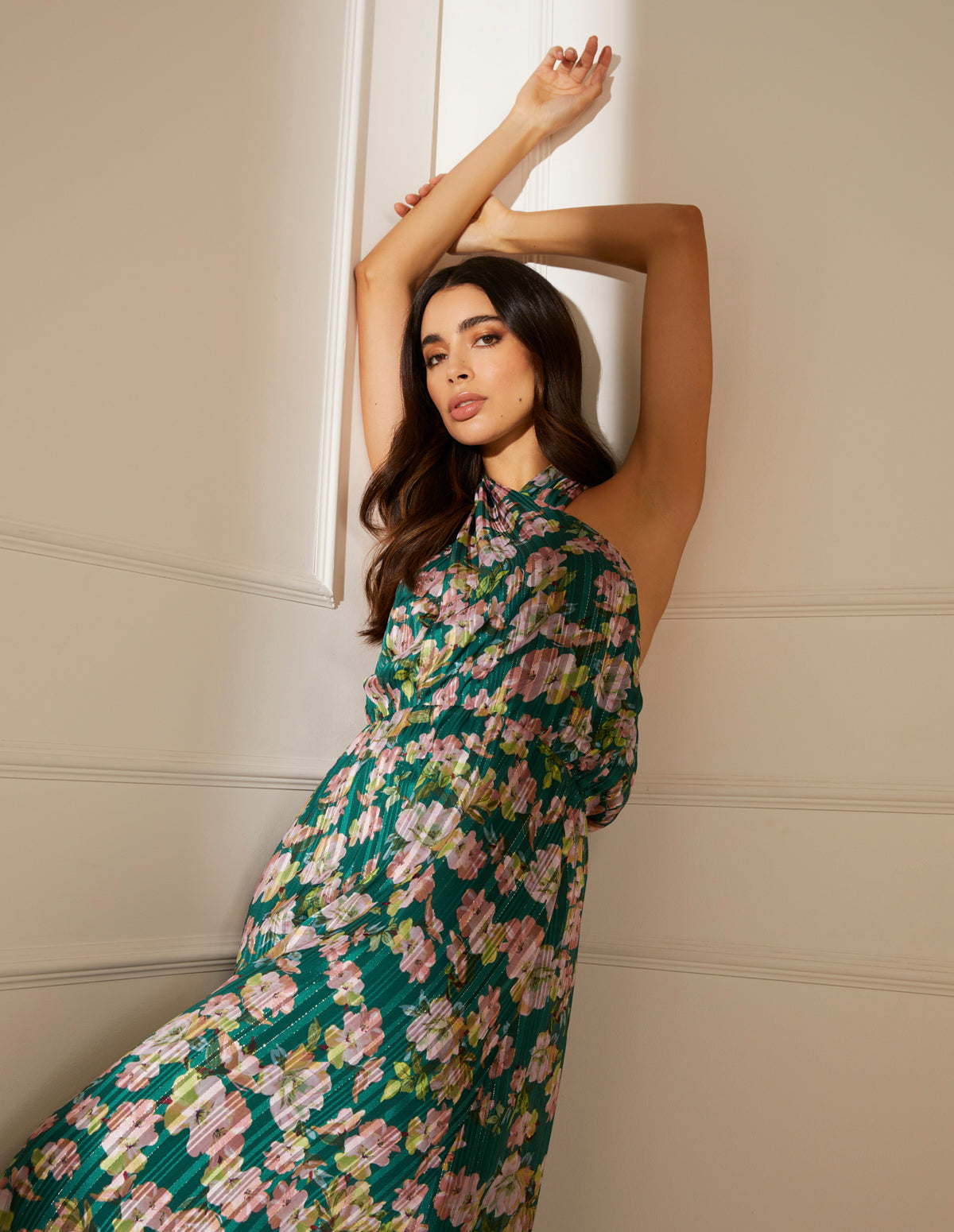 Green Wrap Halter Neck Pleated Midi Dress Blue Vanilla