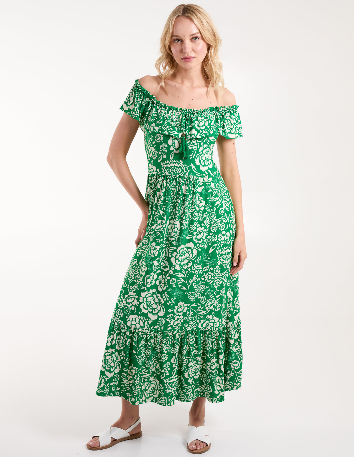 Green | Elasticated Bardot Printed Maxi Dress | Blue Vanilla Green | Elasticated Bardot Printed Maxi Dress | Blue Vanilla