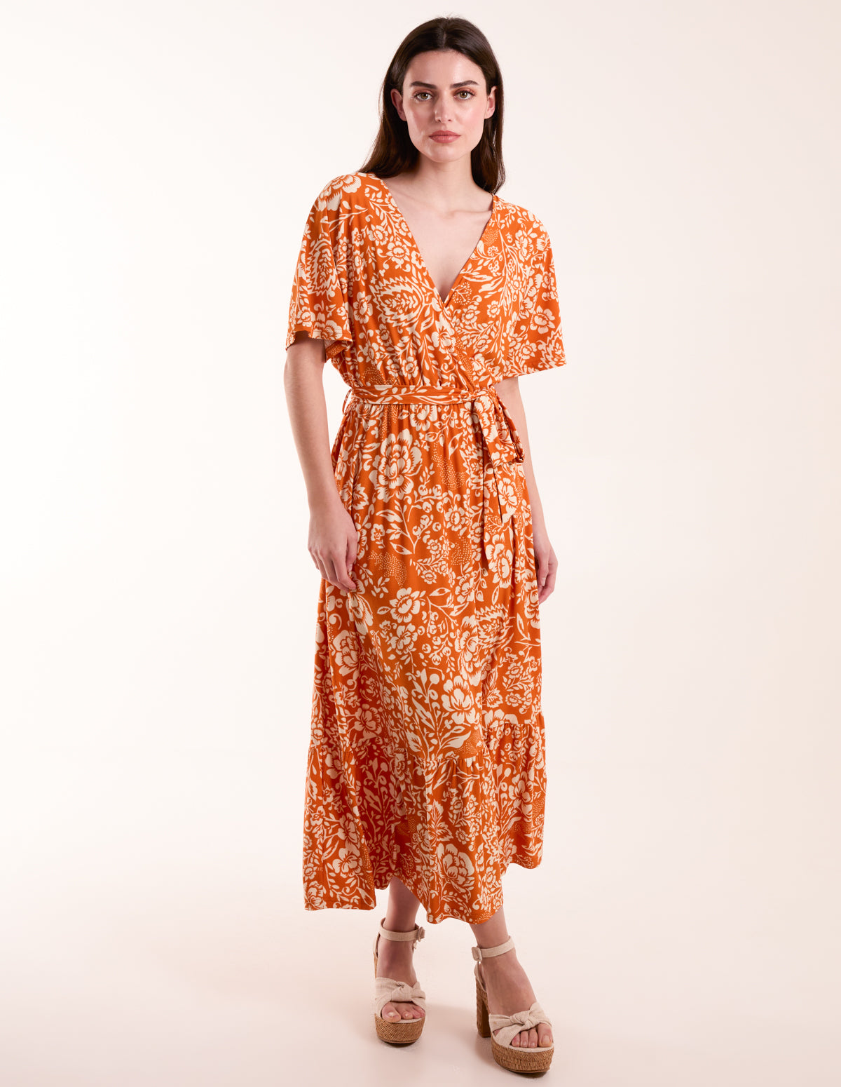 orange watercolour print tassel tie wrap maxi dress Orange Watercolour Print Tassel Tie Wrap Maxi Dress