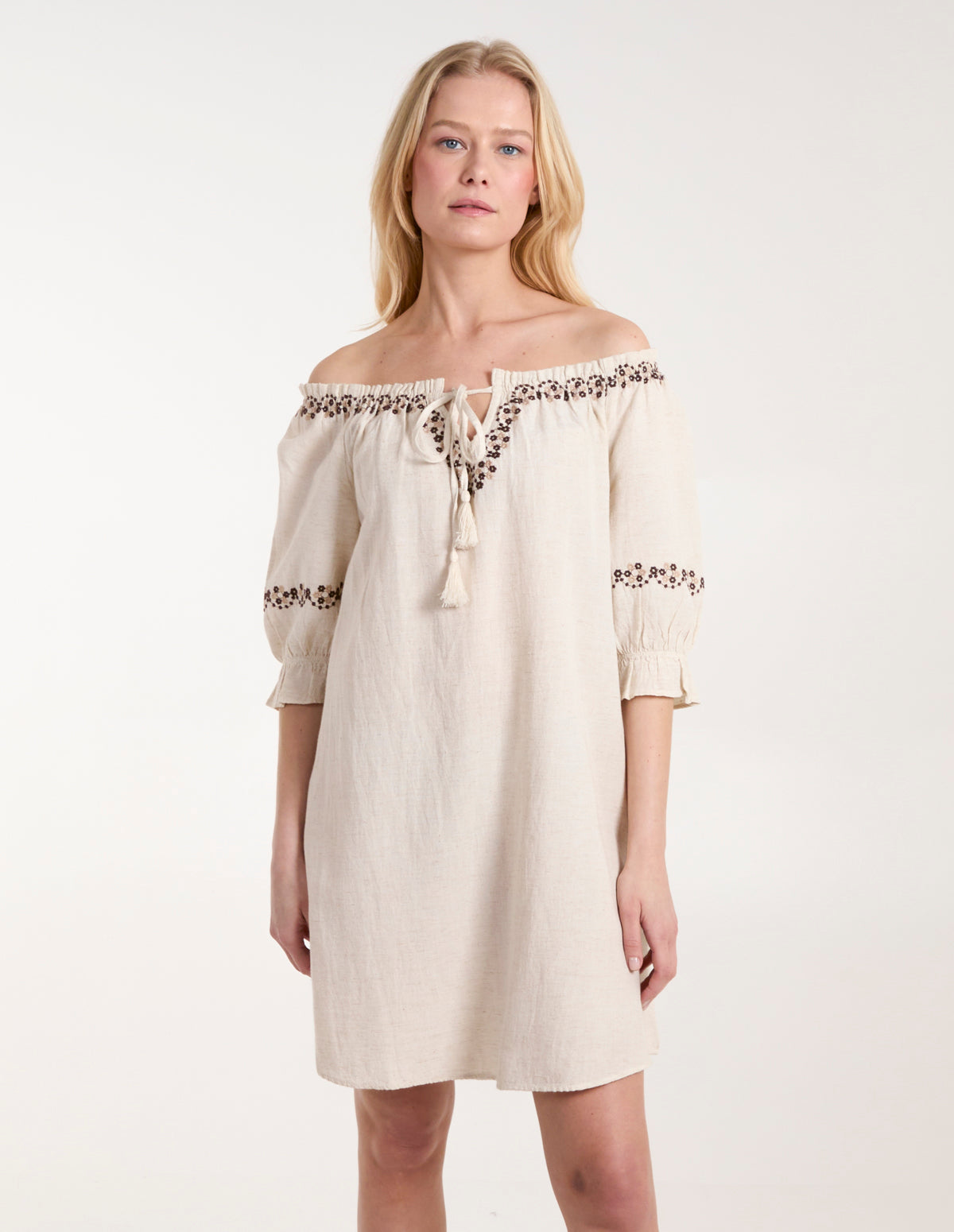 Stone | Embroidered Detailing Bardot Tunic Dress | Blue Vanilla Stone | Embroidered Detailing Bardot Tunic Dress | Blue Vanilla
