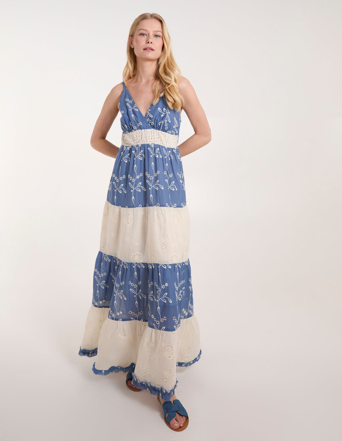 Blue | Embroidered Block Out Stripe Cami Dress | Blue Vanilla Blue | Embroidered Block Out Stripe Cami Dress | Blue Vanilla