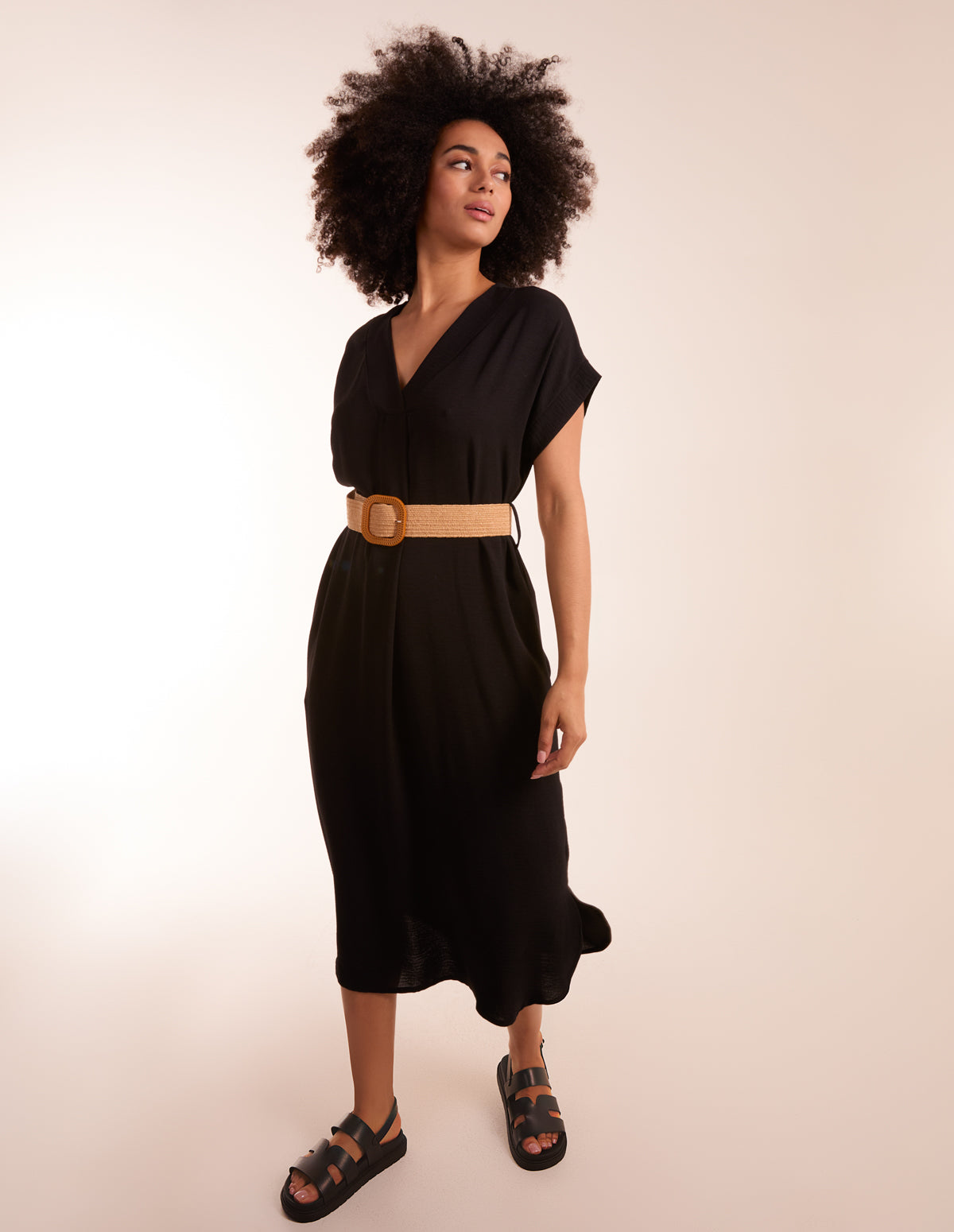 Black Belted V neck Midi Dress Blue Vanilla - Main Image