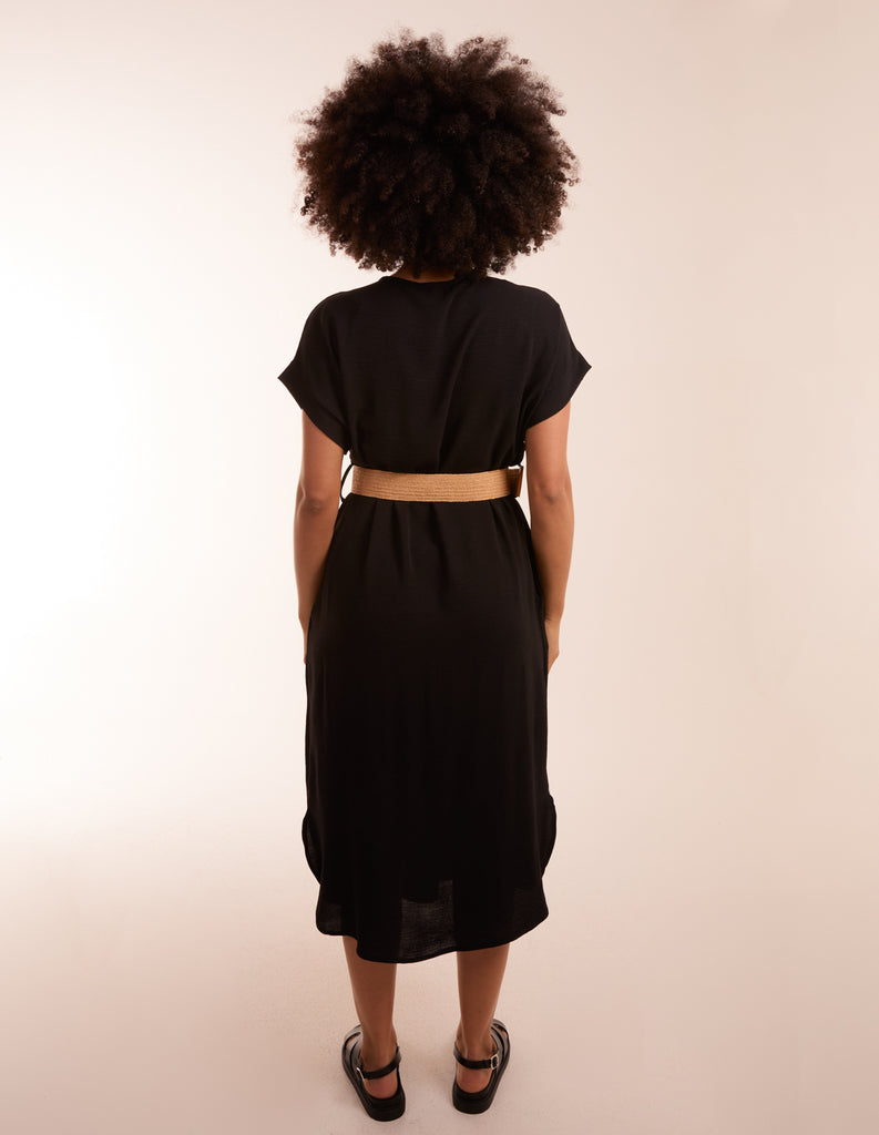 Black | Belted V neck Midi Dress | Blue Vanilla Black | Belted V neck Midi Dress | Blue Vanilla