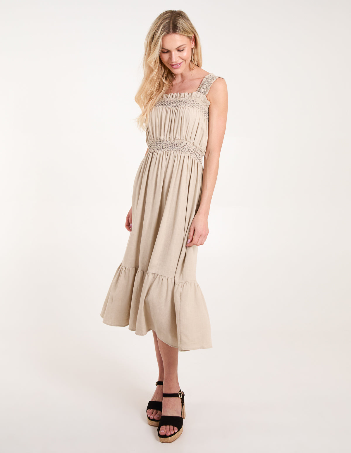 milano stone cotton midi dress Stone | Shirred Detail Midi Dress