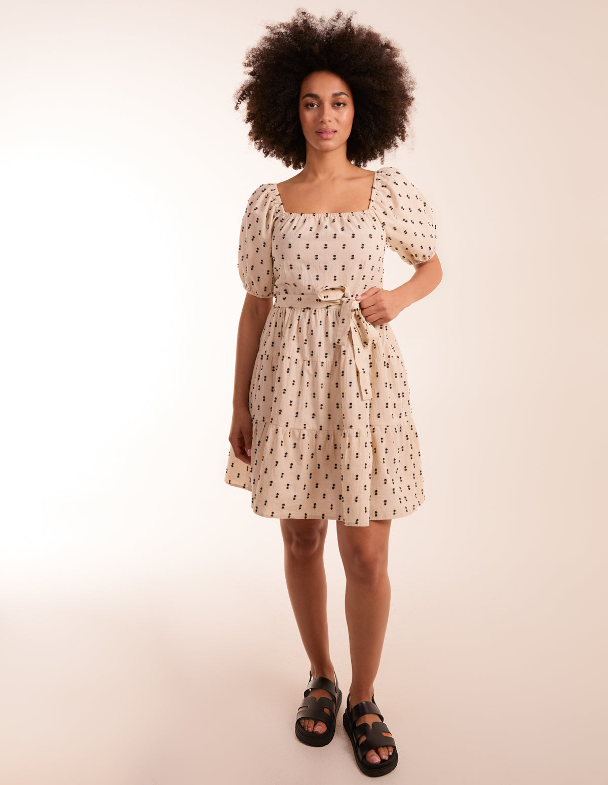 puff sleeve dobby cotton mini dress Loft Dobby U-Neck Puff Sleeve Dress Size 10 White Women's