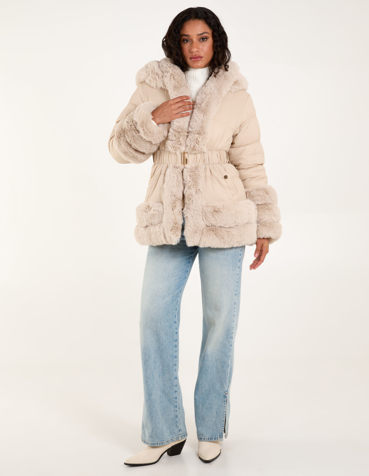 Faux Fur Trim Belted Puffer Coat