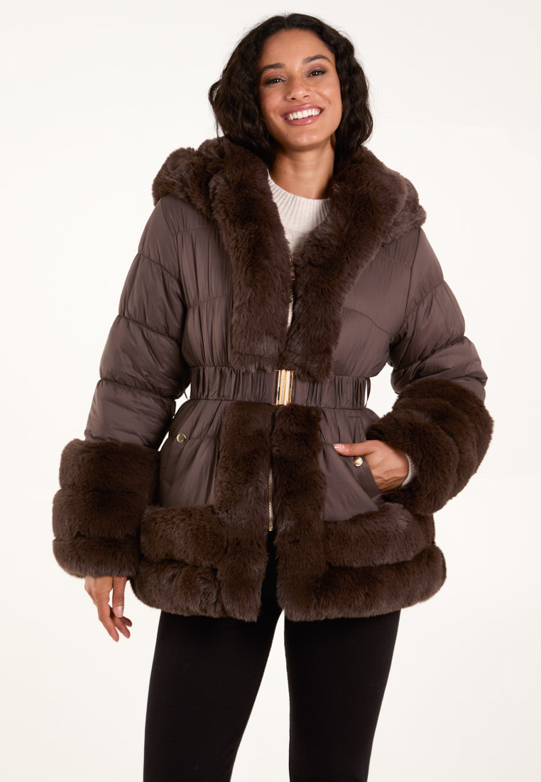 With Fur Hood Belted Padded Coat With Hood Brown Fur Trim Belted