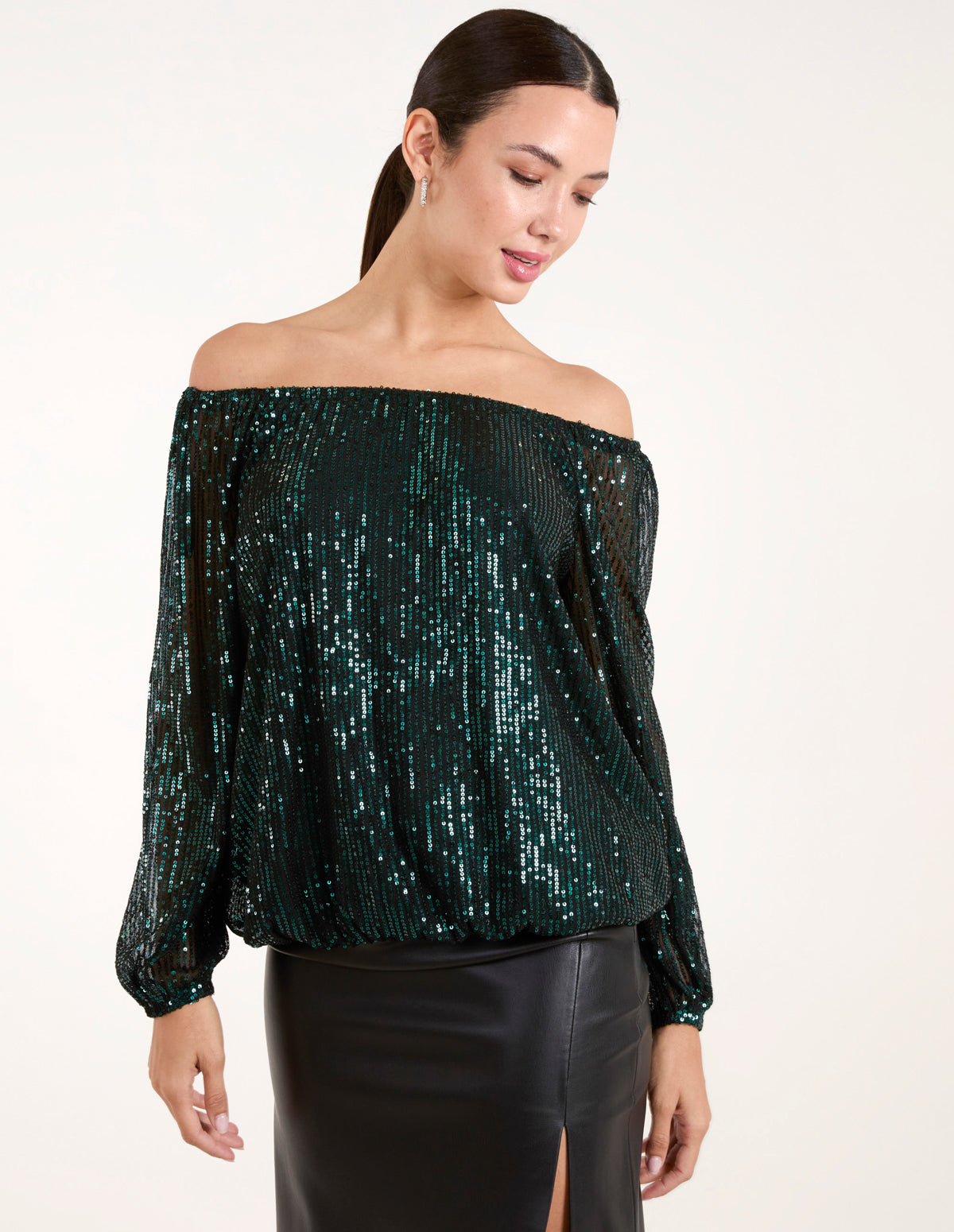 Elastic Neck Puffball Sequin Top