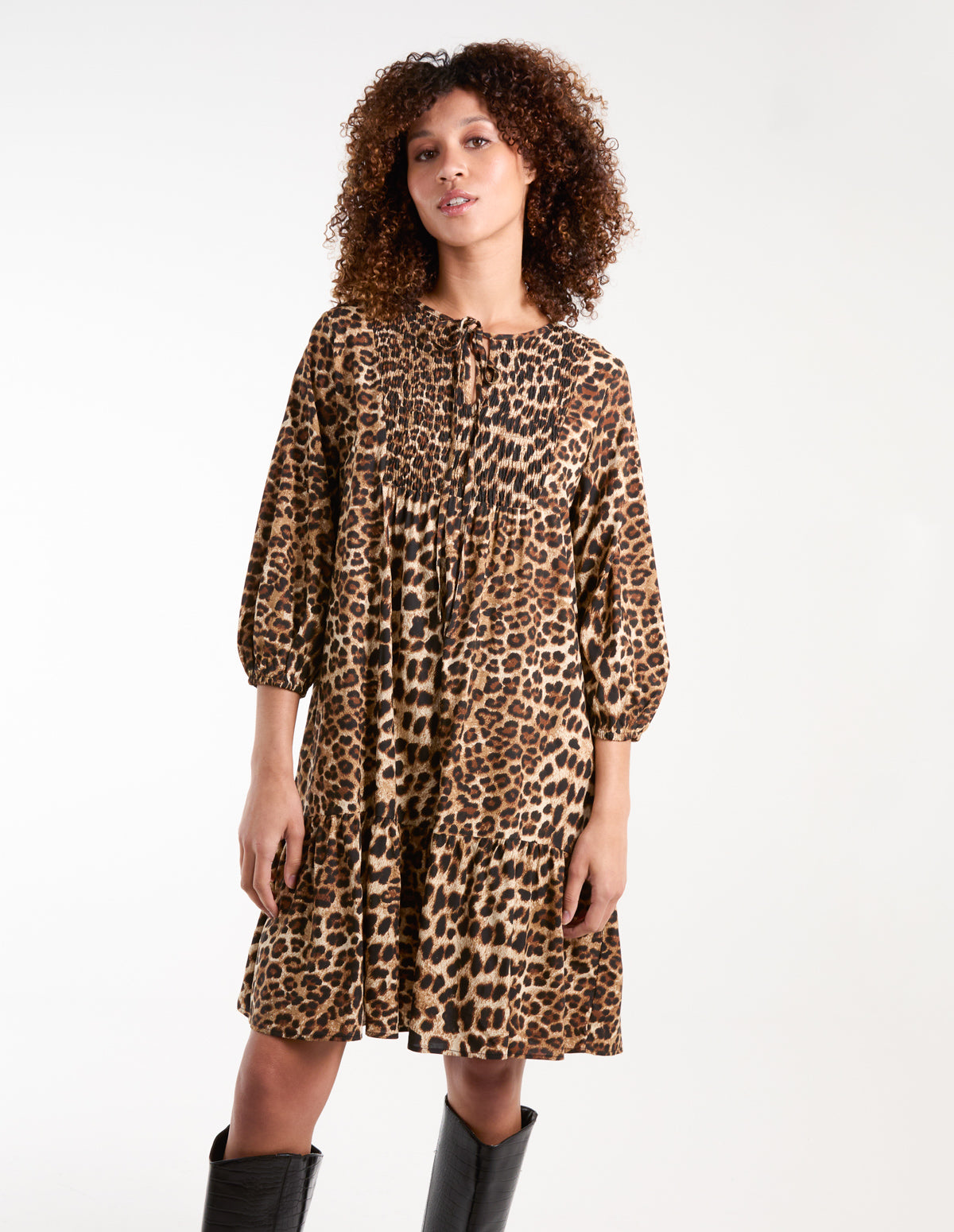 Leopard Print Shirred Front Tie Neck Smock Dress