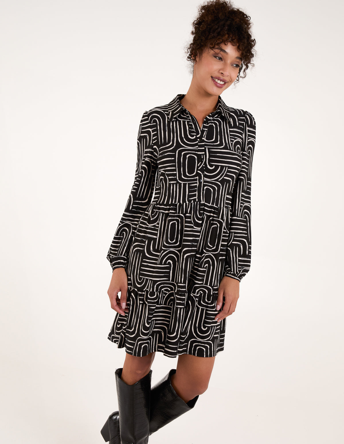 Black Geometric Button Front Smock Shirt Dress Blue Vanilla