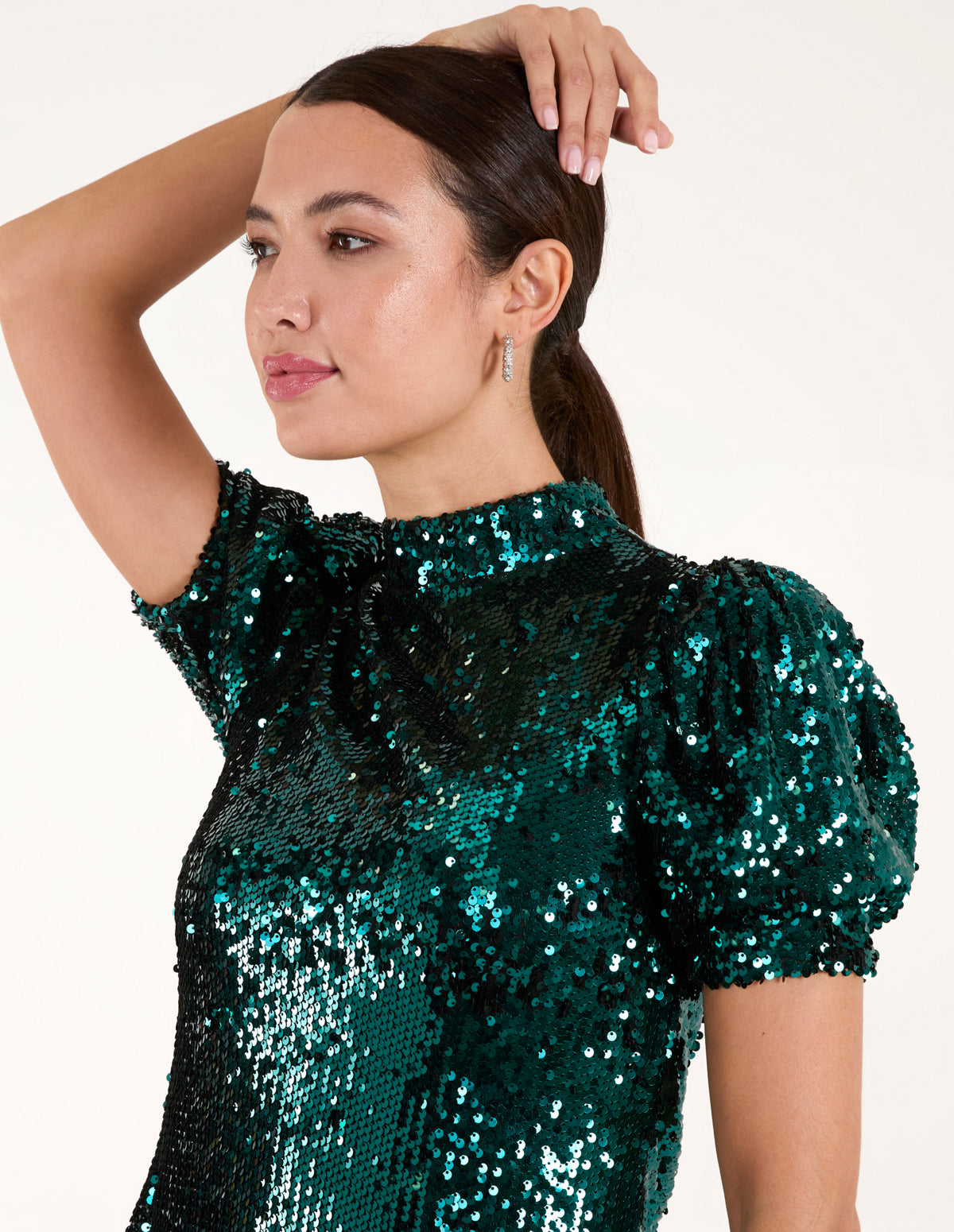 Bottle Green | Puff Sleeve Sequin Dress | Blue Vanilla Bottle Green | Puff Sleeve Sequin Dress | Blue Vanilla