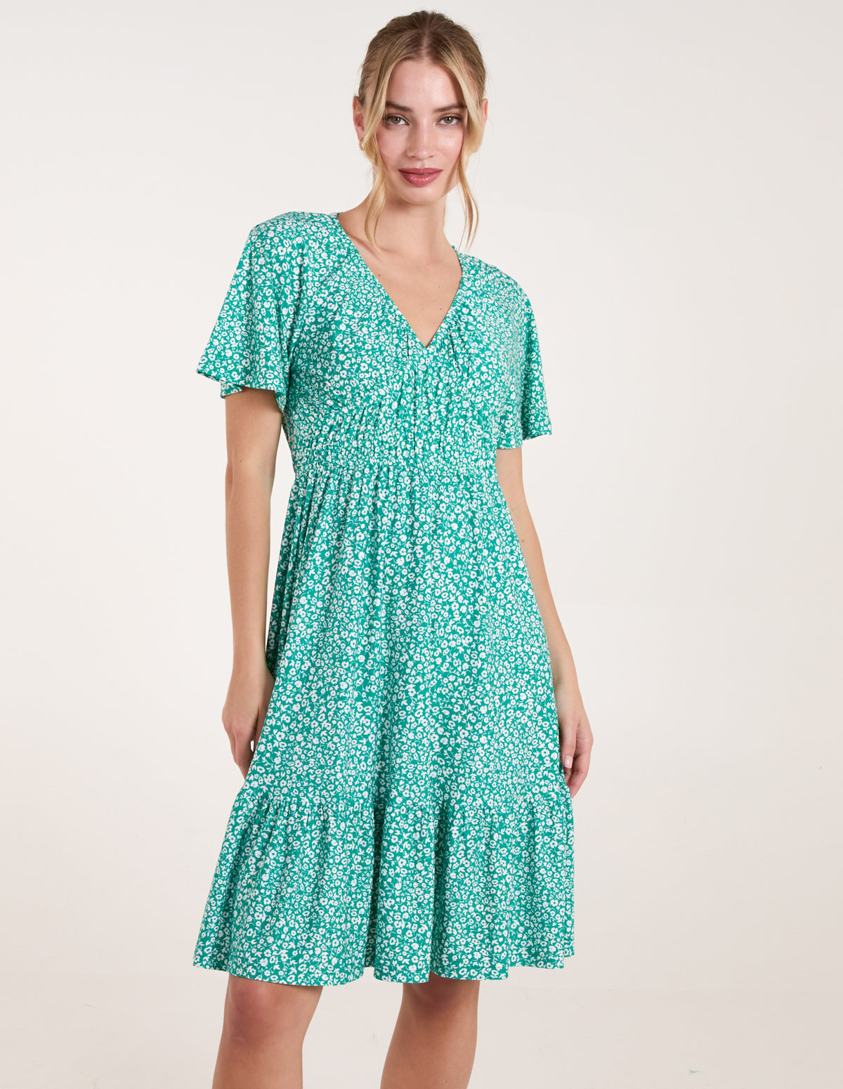 Green | Ditsy Printed Angel Sleeve Elasticated V Neck Dress | Blue Vanilla Green | Ditsy Printed Angel Sleeve Elasticated V Neck Dress | Blue Vanilla