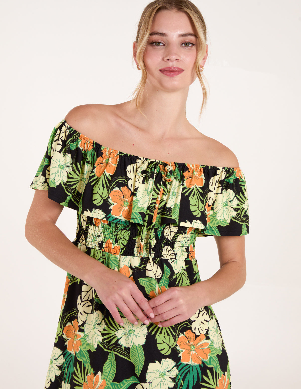 Floral Print Tropical Bardot Dress Black Tropical Shirred Waist Bardot Mini Dress Blue Vanilla Floral Print Tropical Bardot Dress Black Tropical Shirred Waist Bardot Mini Dress Blue Vanilla