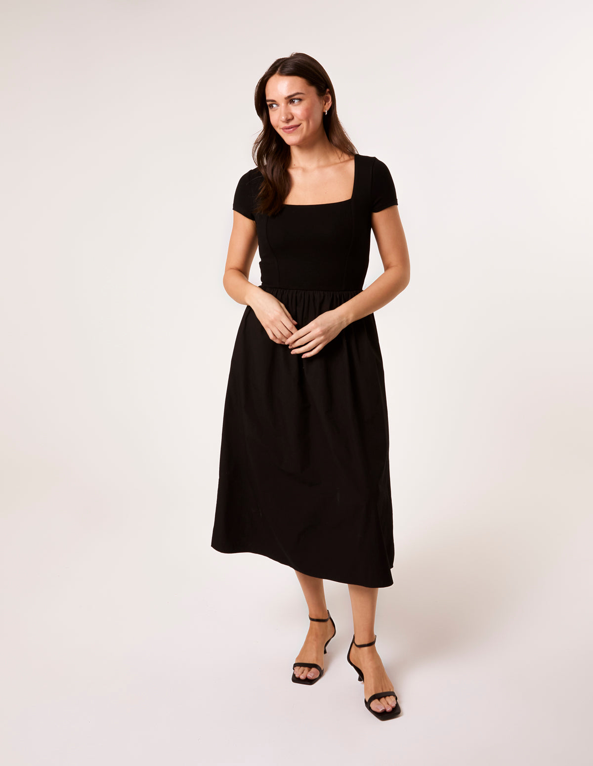 basic midi dress Black | Square Neck Mix Fabric Midi Dress
