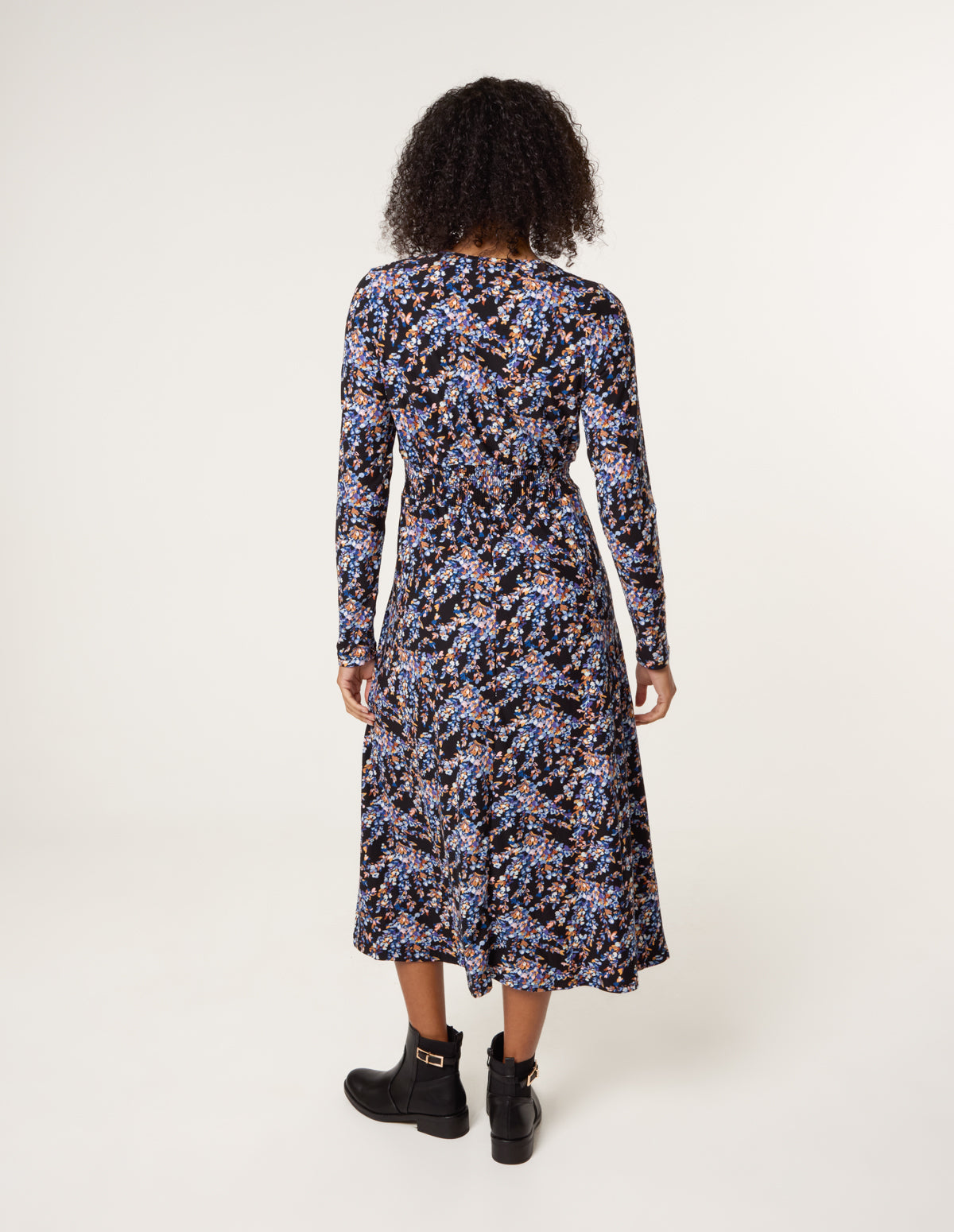 Black | Floral V Neck Wrap Long Sleeve Midi Dress | Blue Vanilla Black | Floral V Neck Wrap Long Sleeve Midi Dress | Blue Vanilla