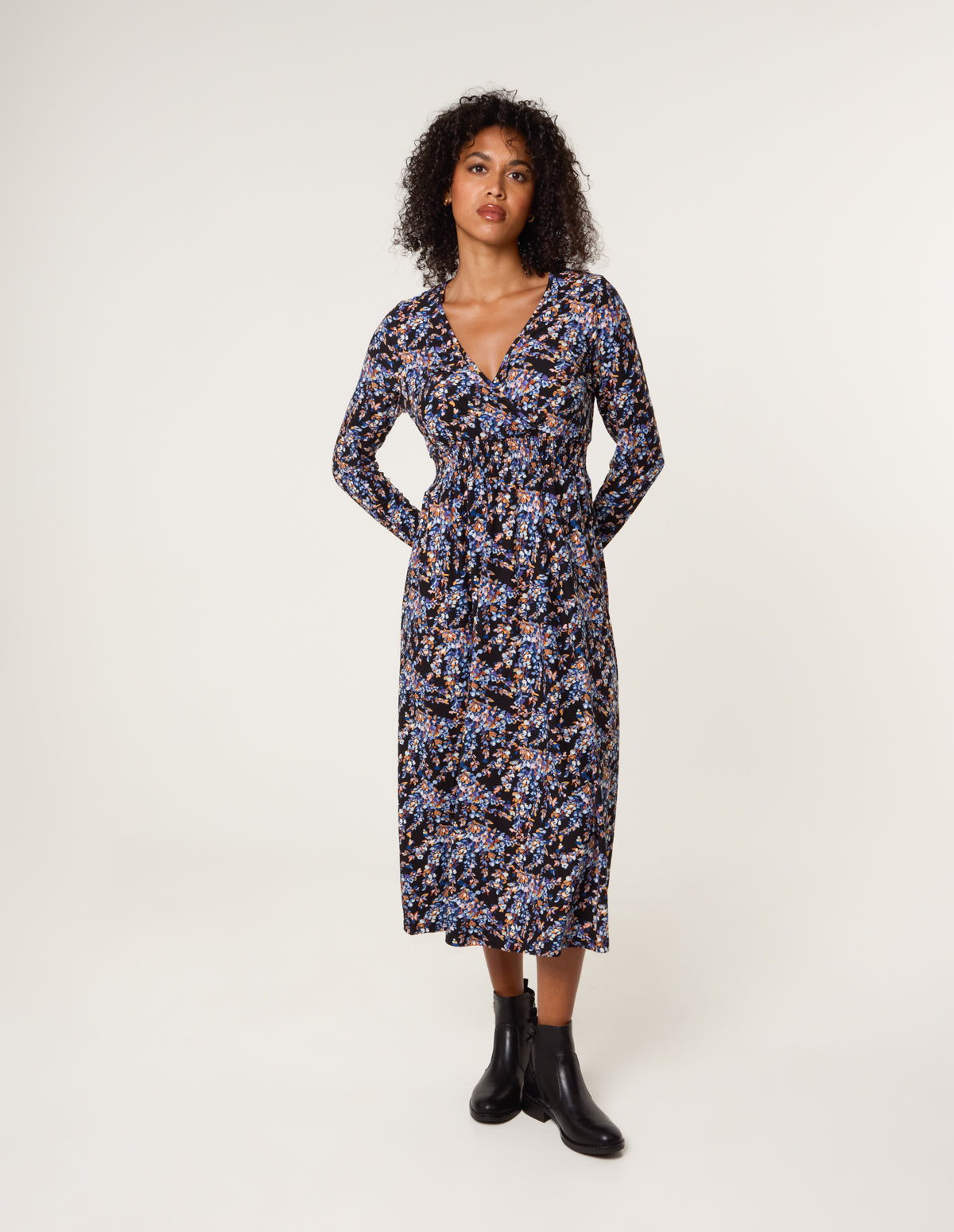 Black | Floral V Neck Wrap Long Sleeve Midi Dress | Blue Vanilla Black | Floral V Neck Wrap Long Sleeve Midi Dress | Blue Vanilla
