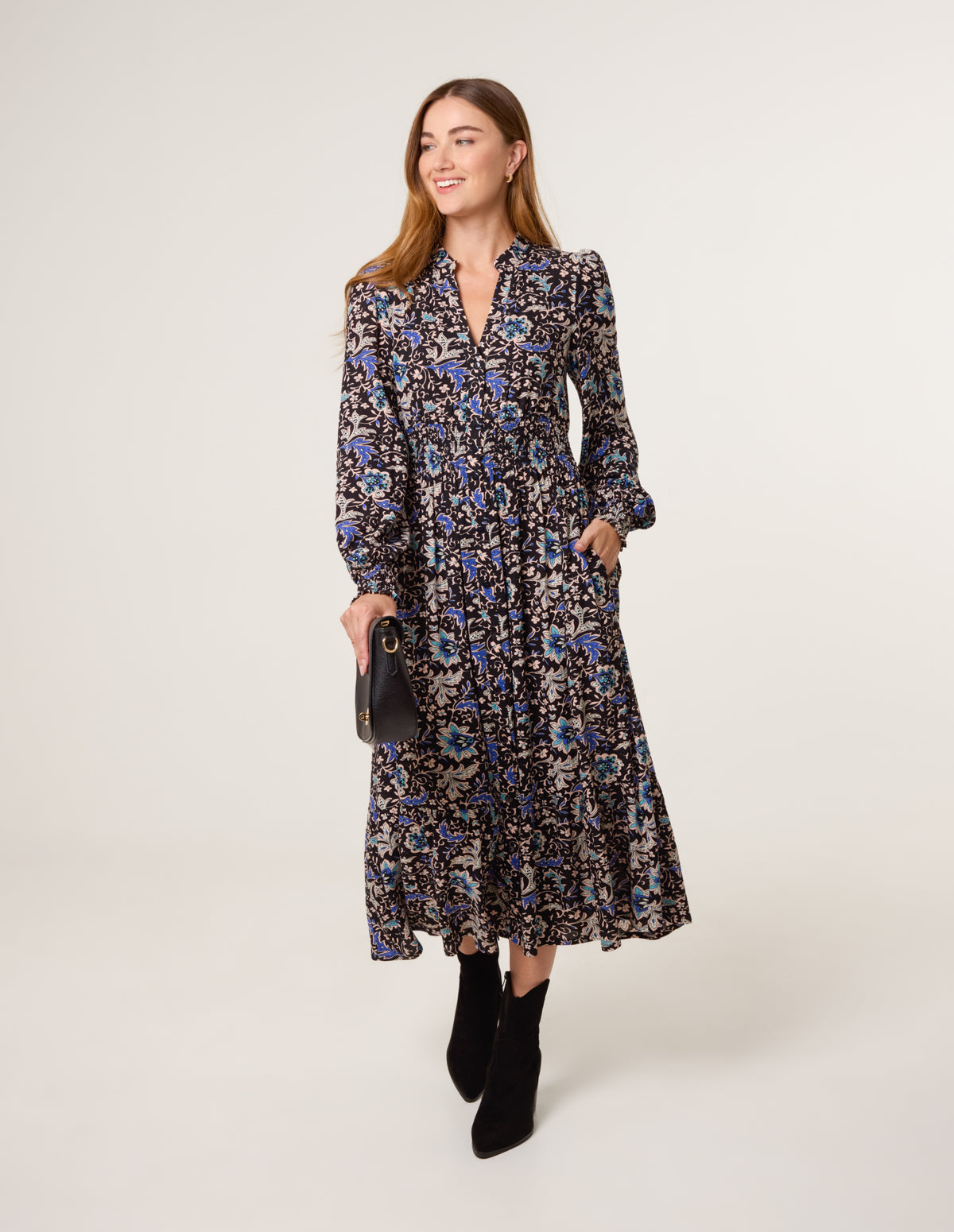 Black | Paisley Shirred Waist Shirt Dress Blue Vanilla Black | Paisley Shirred Waist Shirt Dress Blue Vanilla