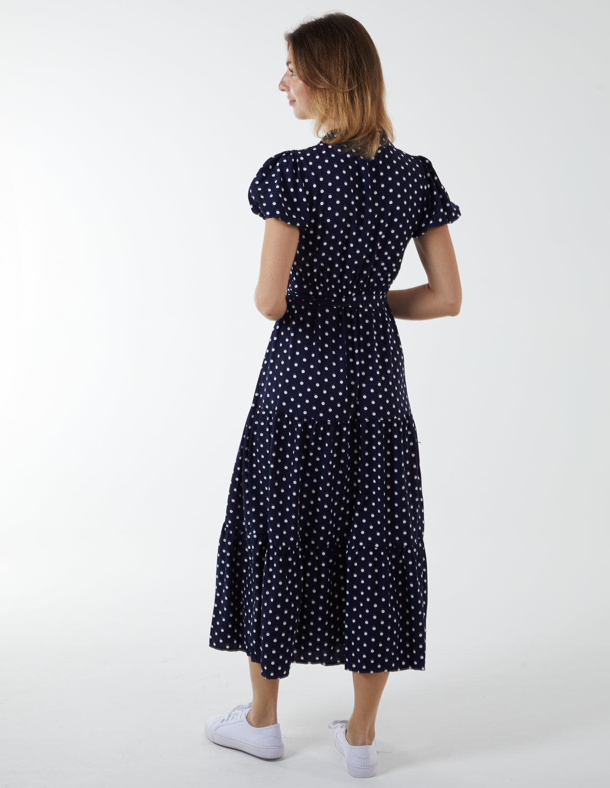 Long blue polka top dot dress