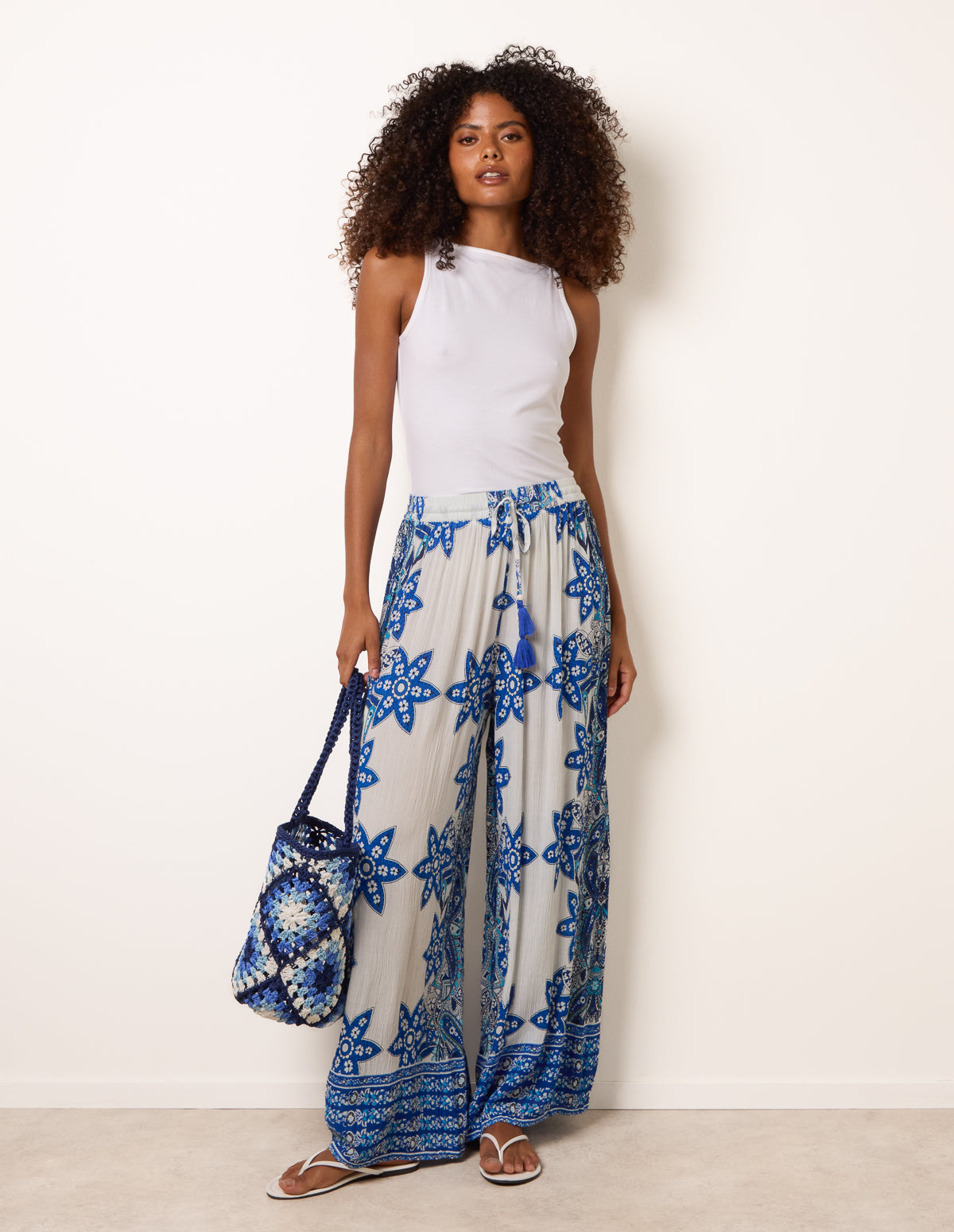 Blue | Paisley Floral Wide Leg Printed Trousers | Blue Vanilla