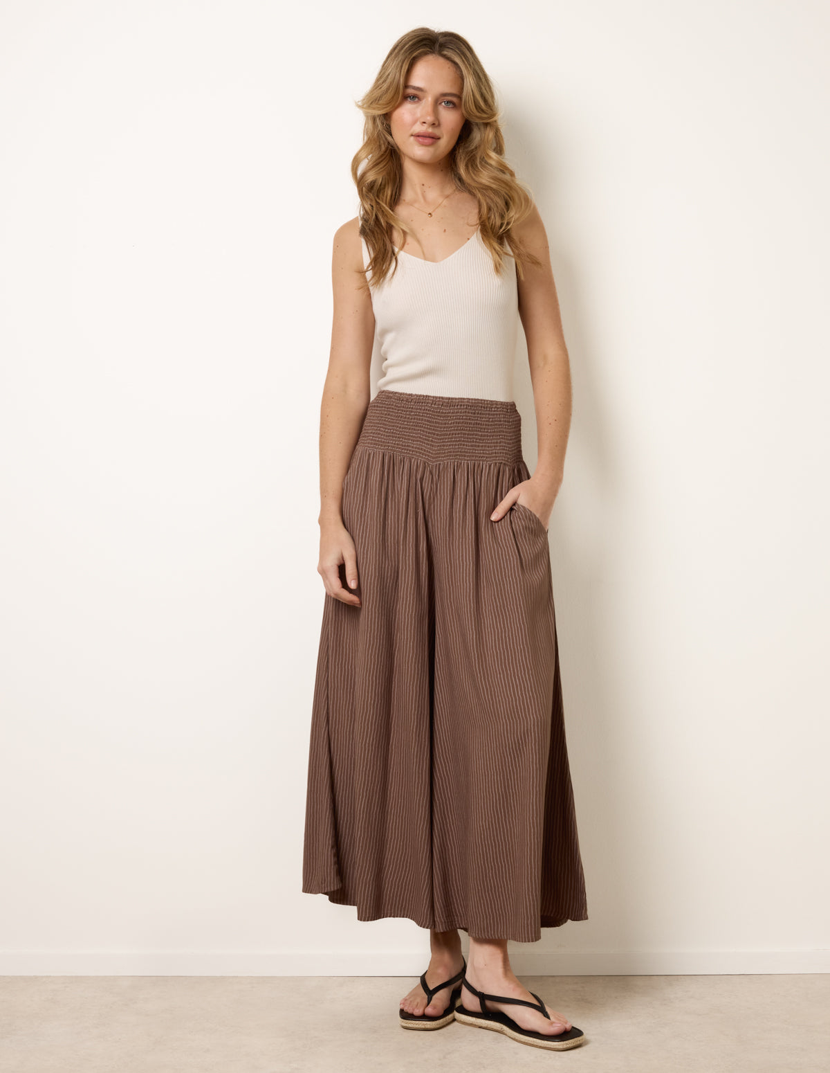 Mocha | Wide Leg Shirred Waist Wavy Trousers | Blue Vanilla