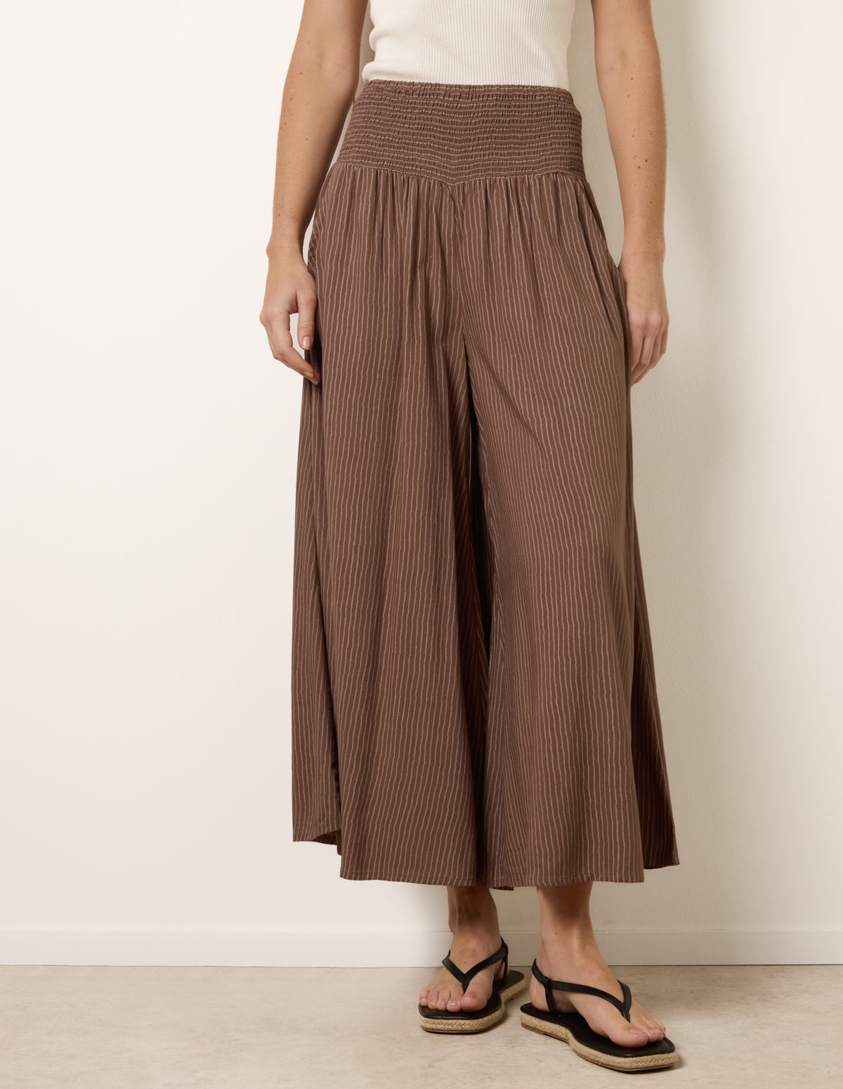 Mocha | Wide Leg Shirred Waist Wavy Trousers | Blue Vanilla