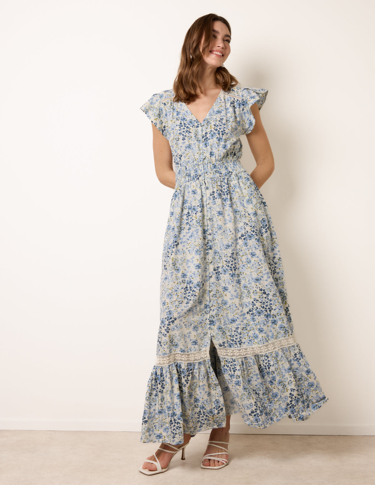 ditsy floral dress blue Blue | Ditsy Floral Print Shirred Waist Button Front Maxi Dress