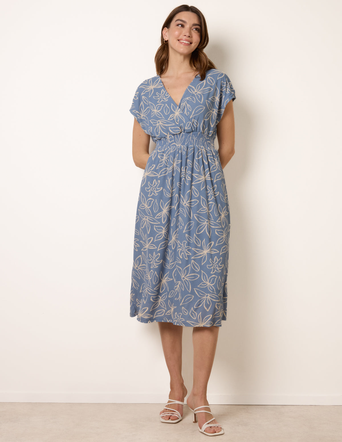 blue floral wrap midi dress Blue | Floral Wrap Front Elasticated Waist Midi Dress