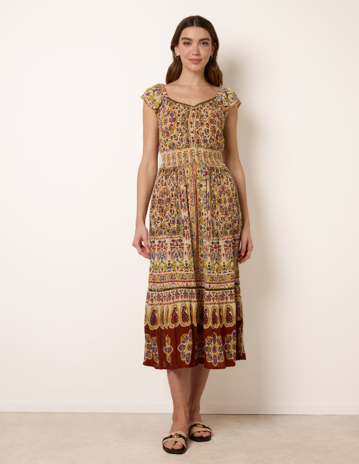 Multi | V Neck Embroidery Trim Paisley Maxi Dress | Blue Vanilla Multi | V Neck Embroidery Trim Paisley Maxi Dress | Blue Vanilla
