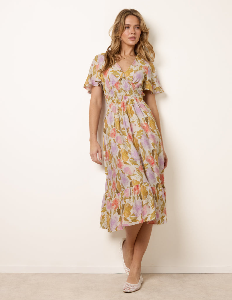 topshop angel sleeve colour block midi dress in multi Multi | Floral Print Angel Sleeve Midi Dress