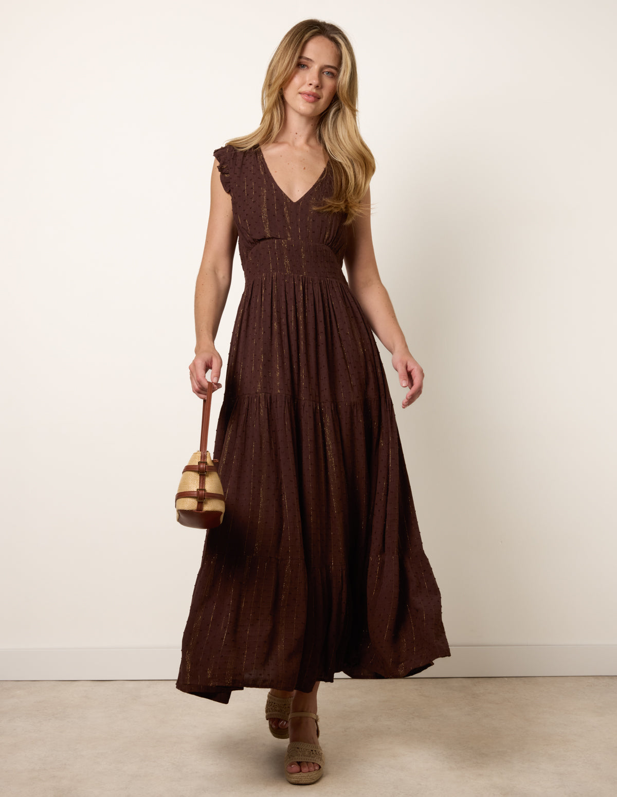 brown tiered midi dress Pleated Satin Tiered Midi Dress