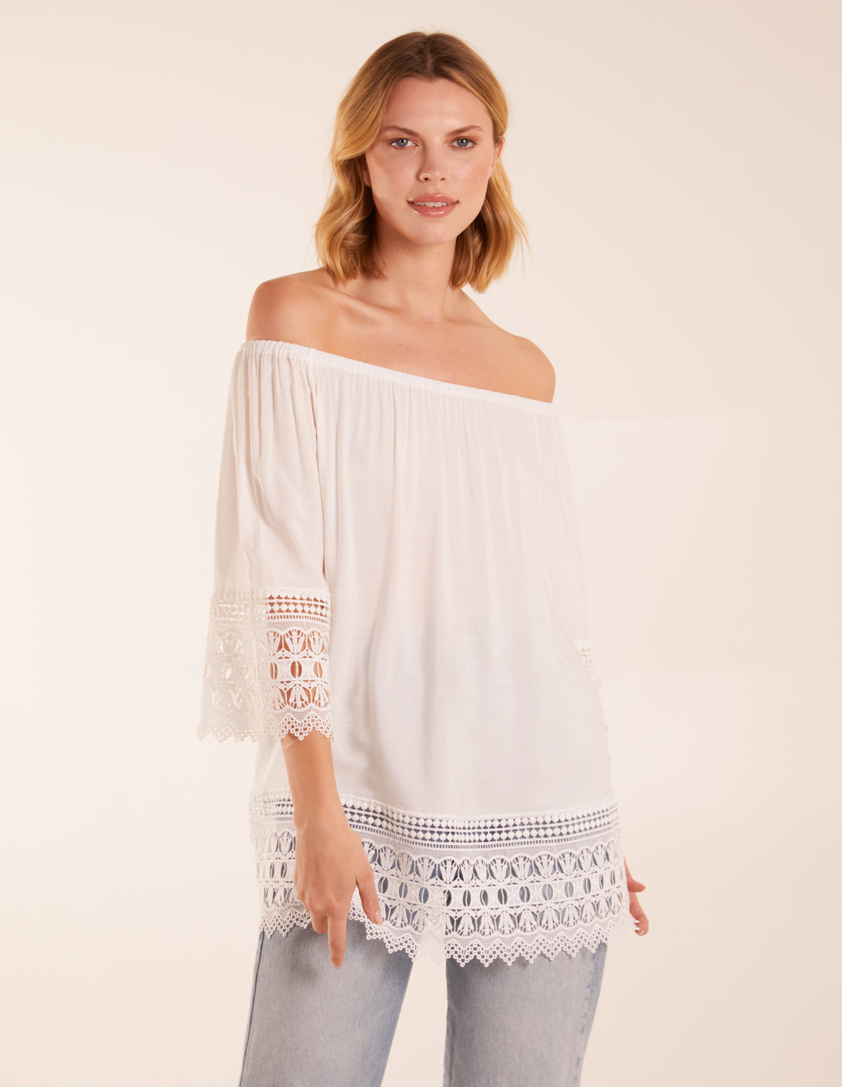 white crochet bardot top