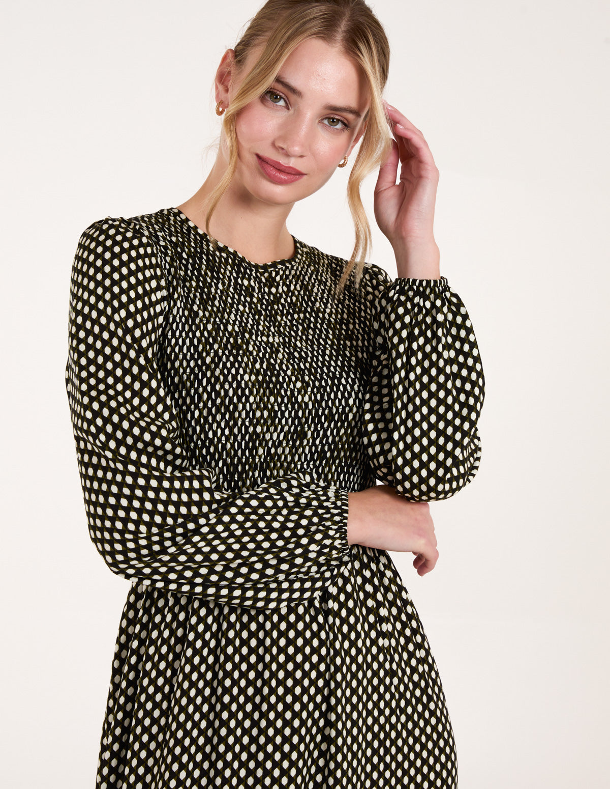 Khaki | Polka Dot Shirred Cuff Sleeve Midi Dress | Blue Vanilla Khaki | Polka Dot Shirred Cuff Sleeve Midi Dress | Blue Vanilla