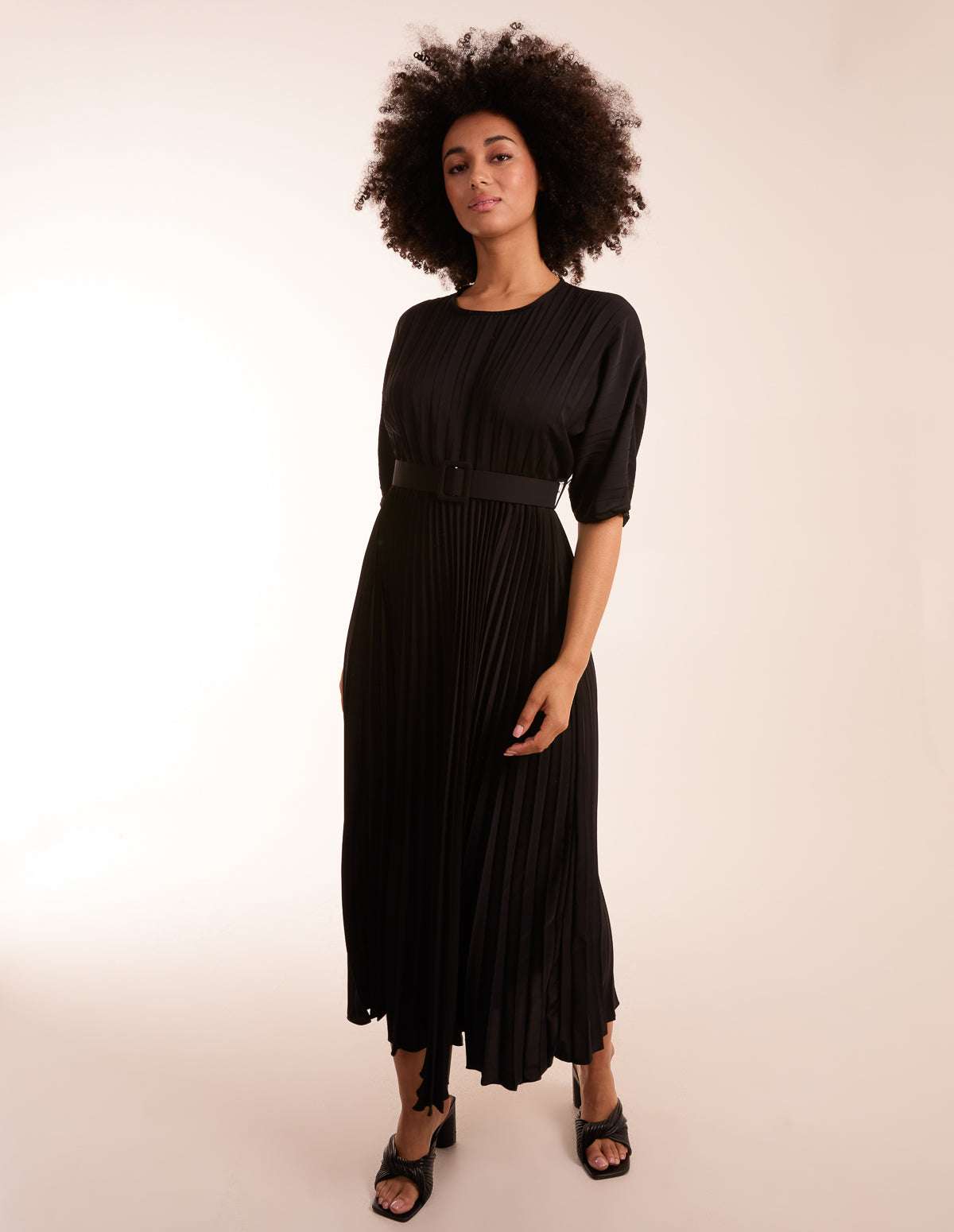 pleated dress with belt Black Collared V Neck Pleated Tie Belt Midi Dress