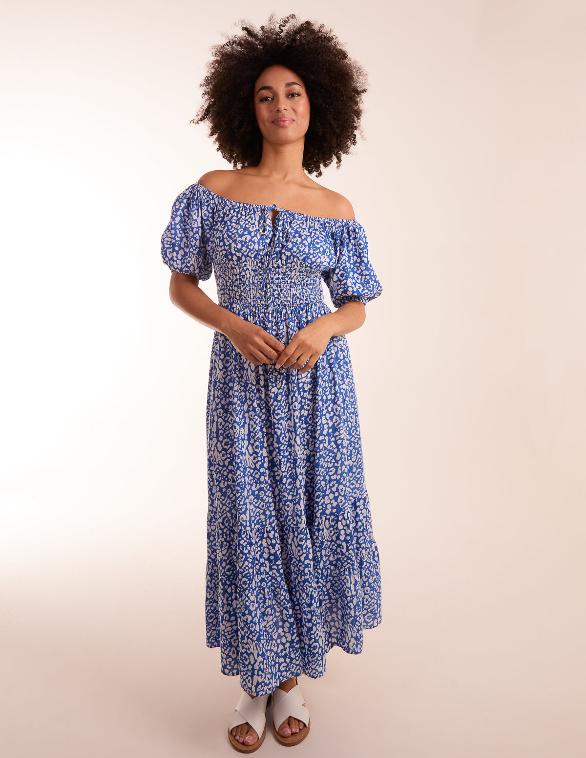 midi dress and trainers Blue | Tie Front Shirred Waist Midi Dress