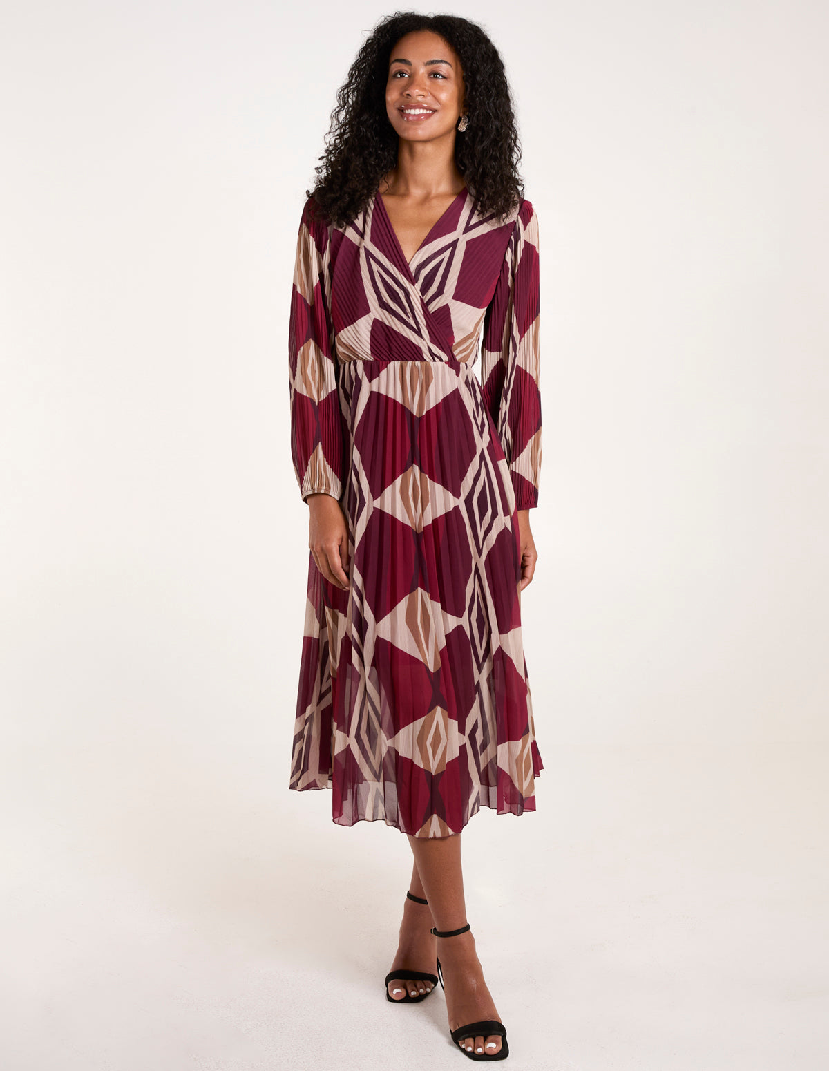 Wine | Wrap Front Pleated Geometric Midi Dress | Blue Vanilla Wine | Wrap Front Pleated Geometric Midi Dress | Blue Vanilla