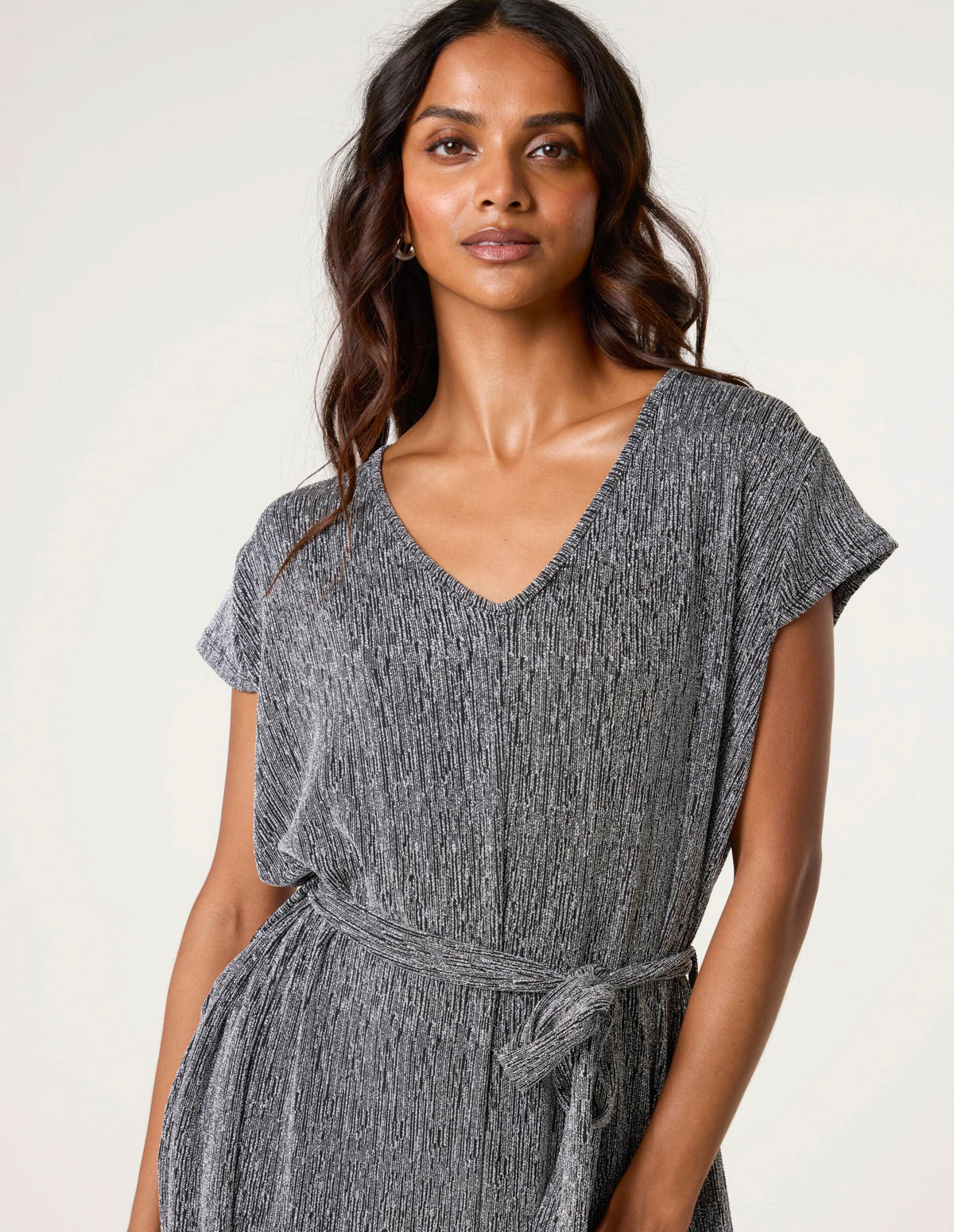 Silver | Metallic V Neck Jumpsuit | Blue Vanilla