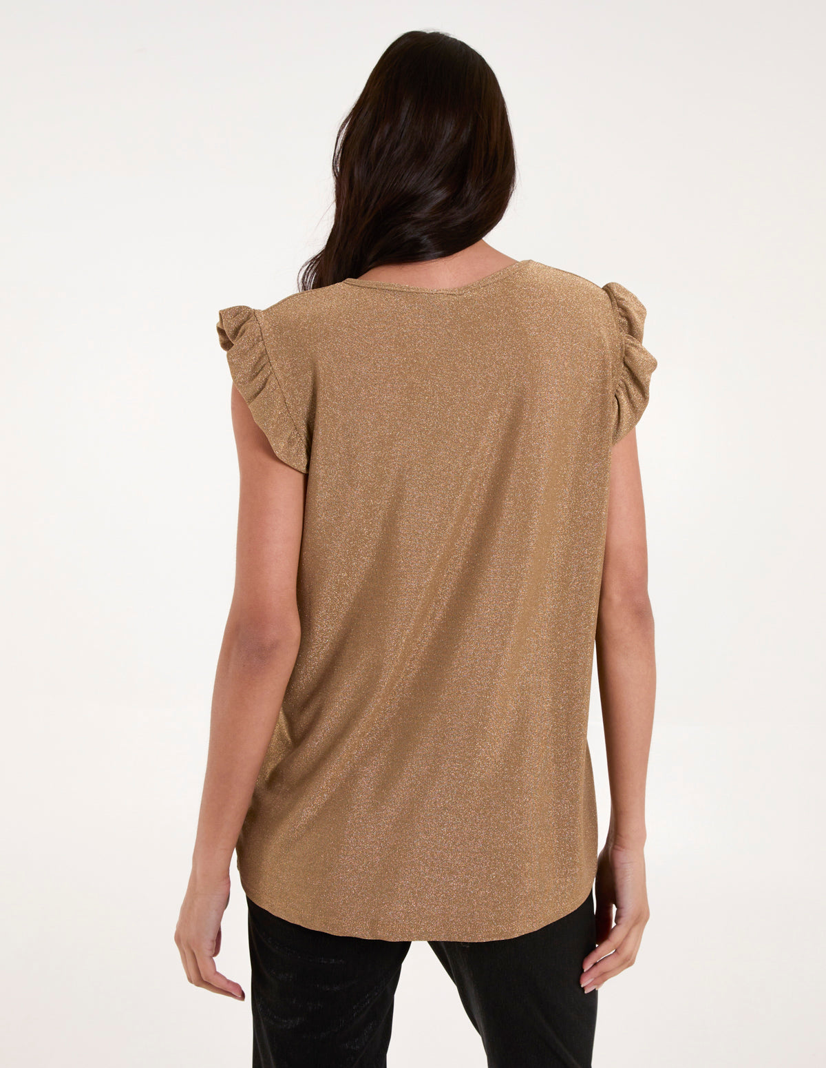 Gold Ruffle Tops Gold | Frill Sleeve Metallic Top | Blue Vanilla