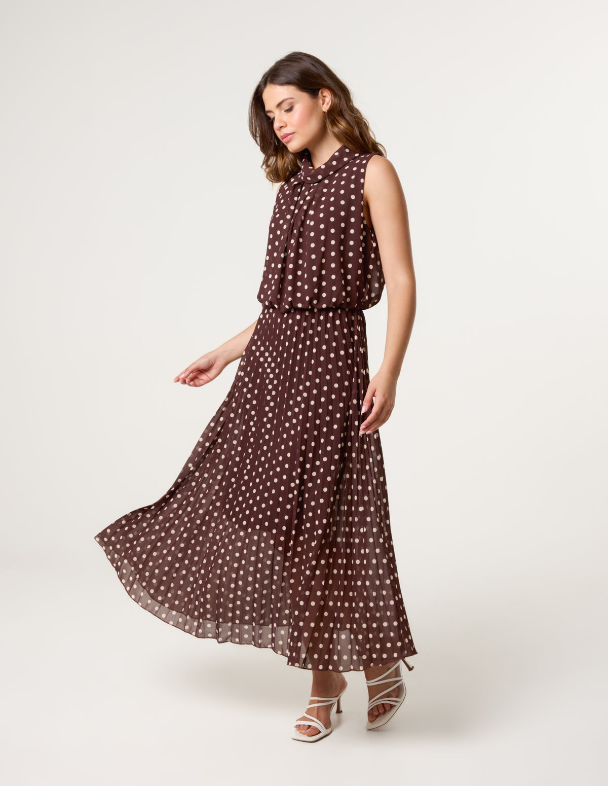 Brown | Polka Dot Sleeveless Cowl Pleat Dress | Blue Vanilla Brown | Polka Dot Sleeveless Cowl Pleat Dress | Blue Vanilla