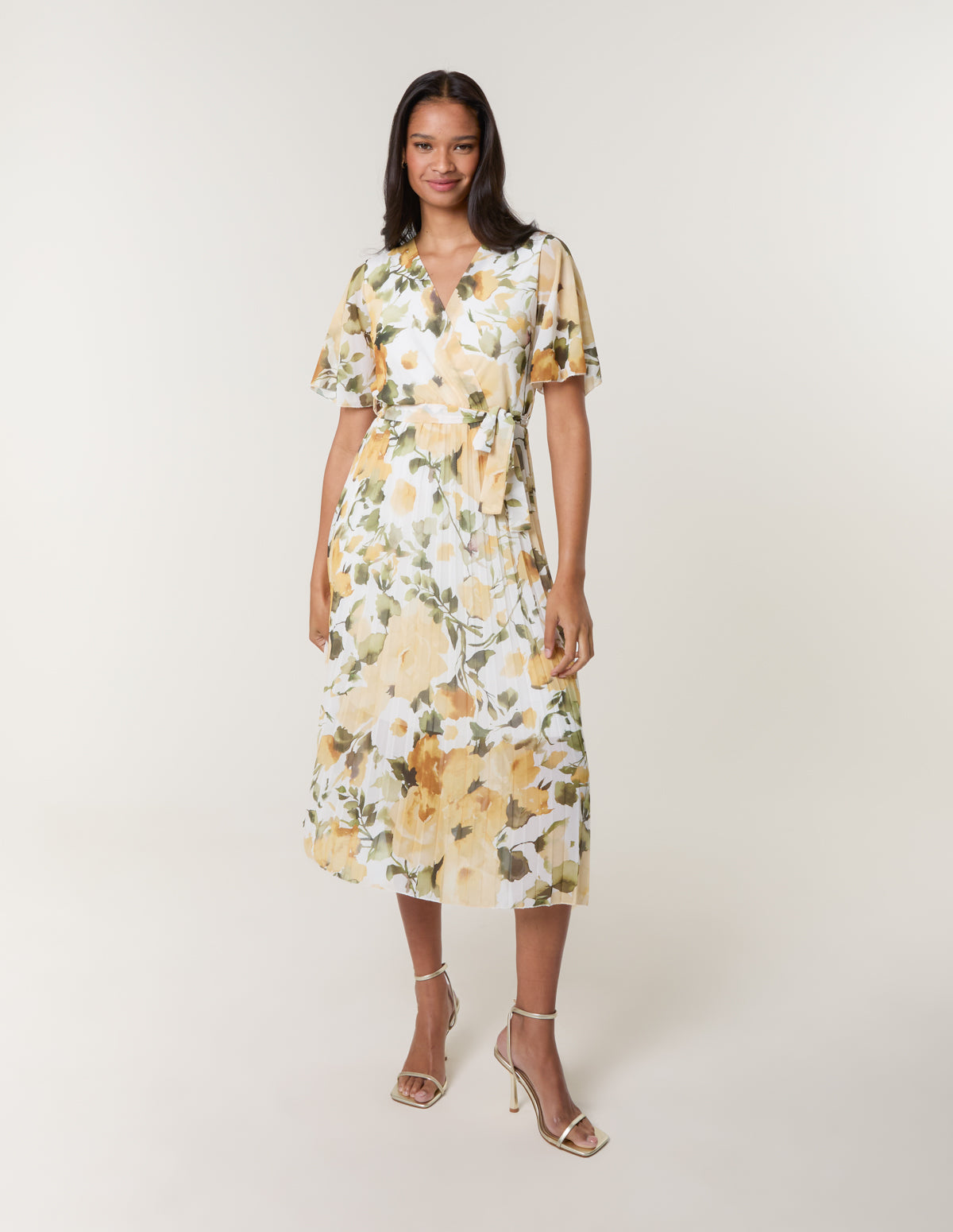 Yellow | Short Sleeve Wrap Pleat Dress