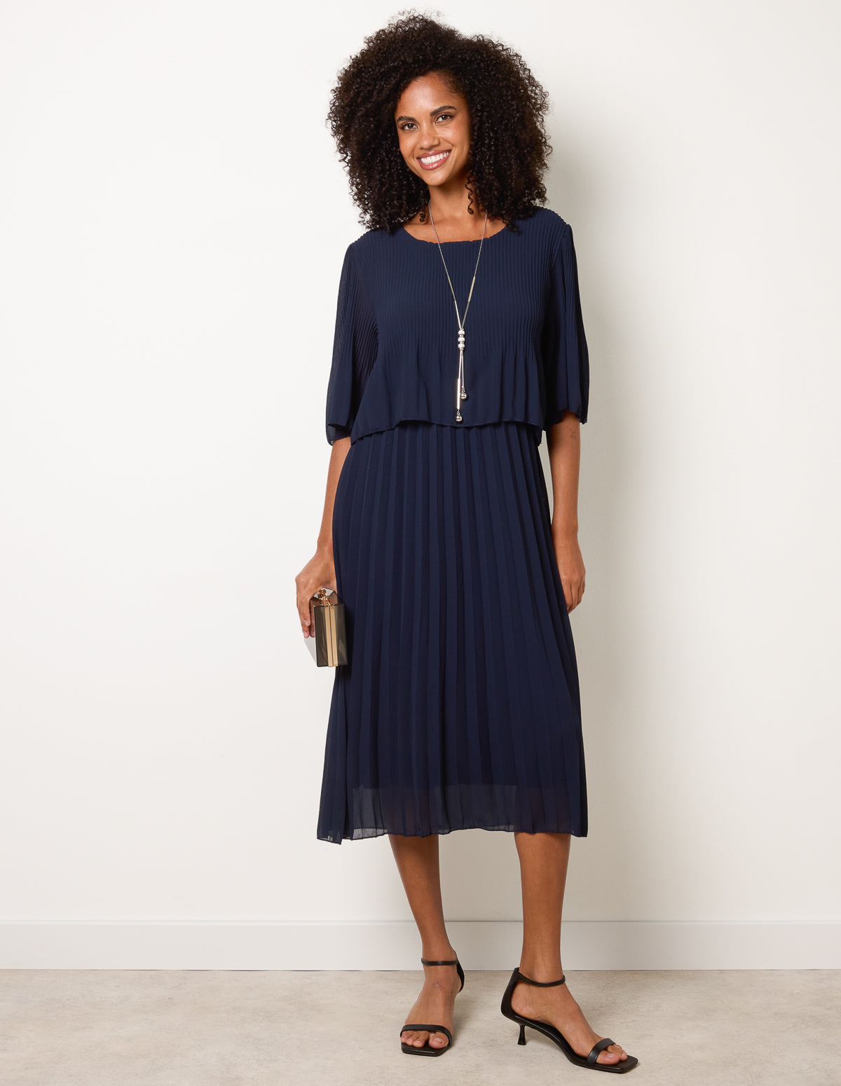 Pleated Short Sleeve Dress with Necklace