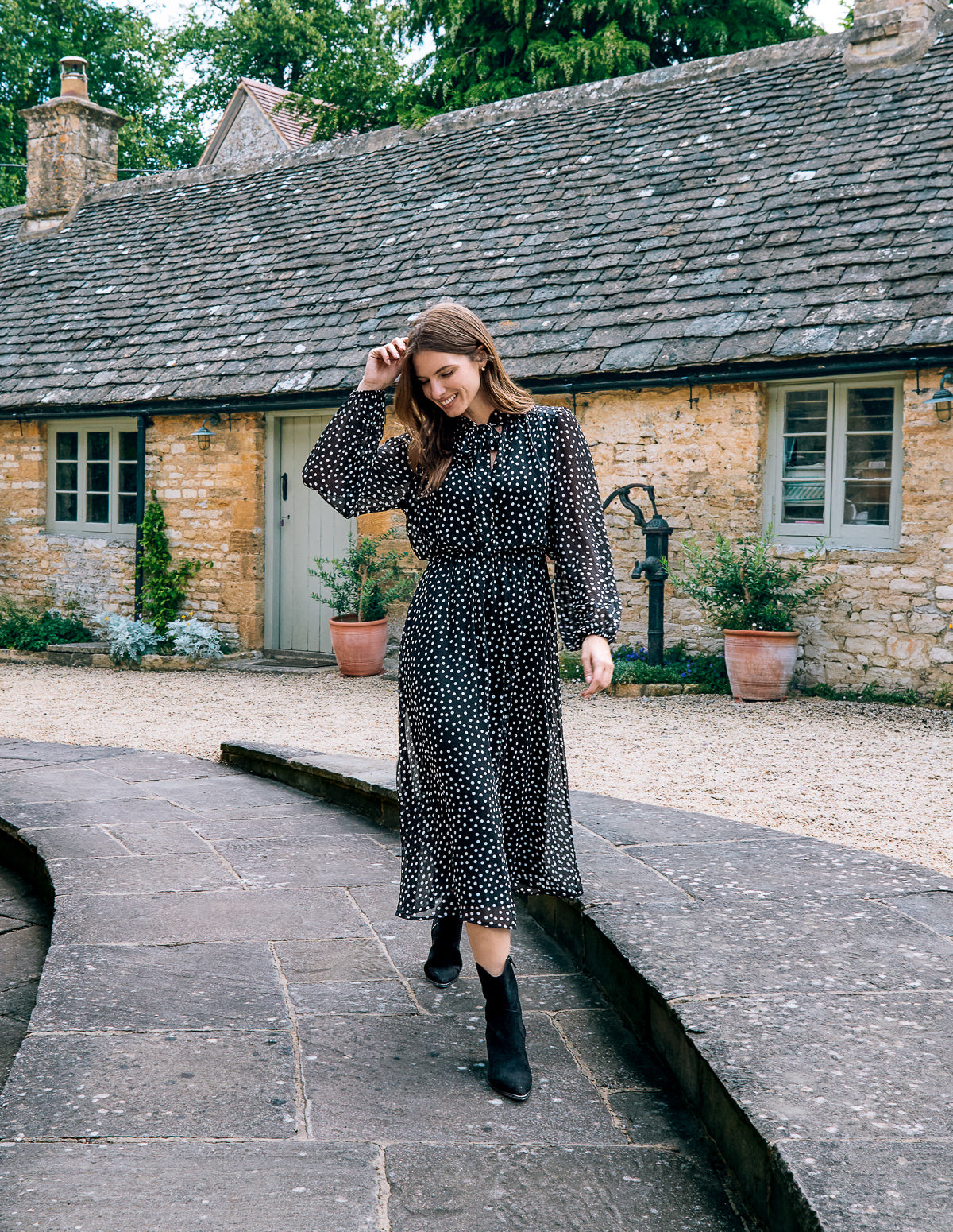 Polka Dot Tie Neck Midi Dress