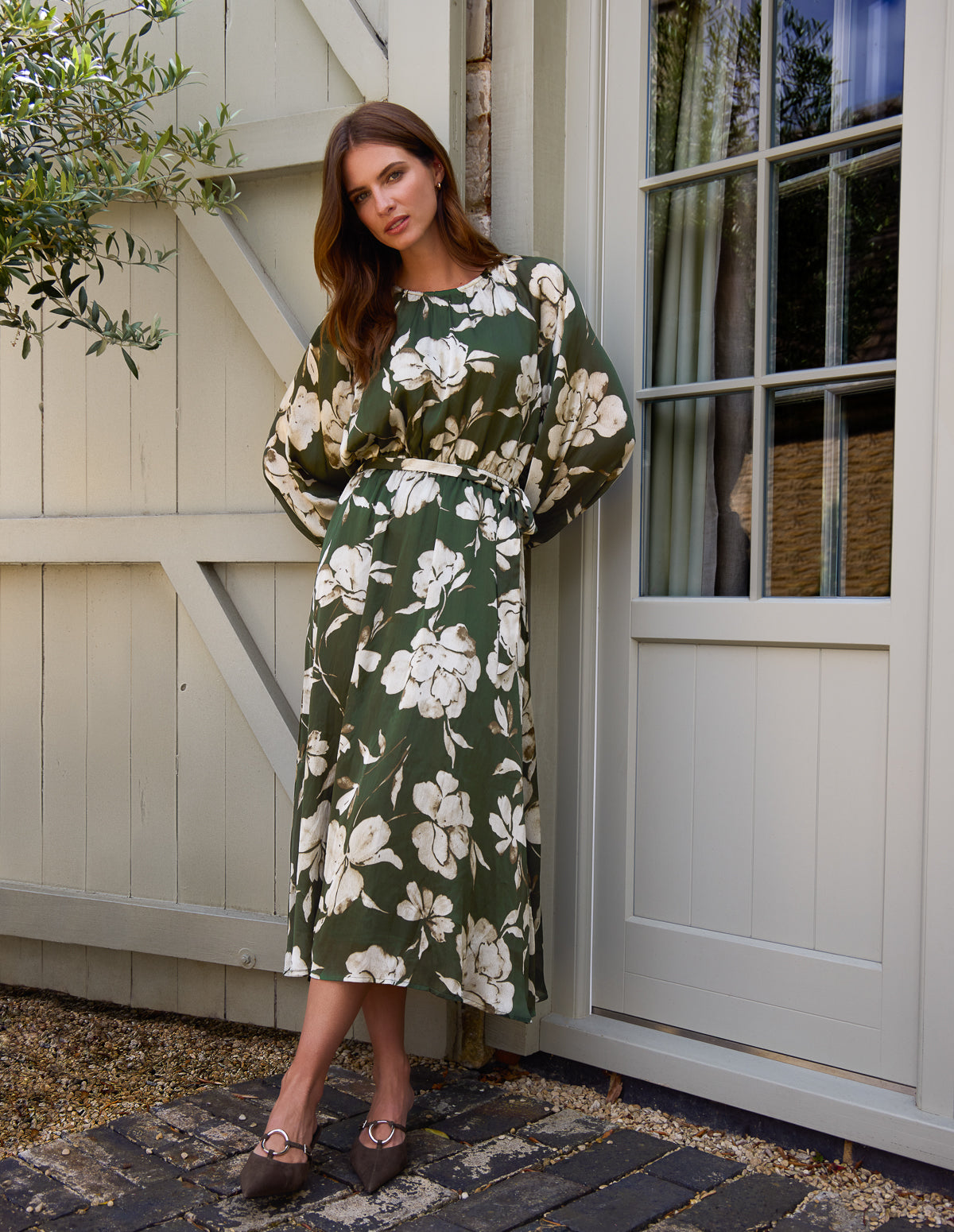 autumn midi dress Khaki | Satin Elastic Waist Midi Dress