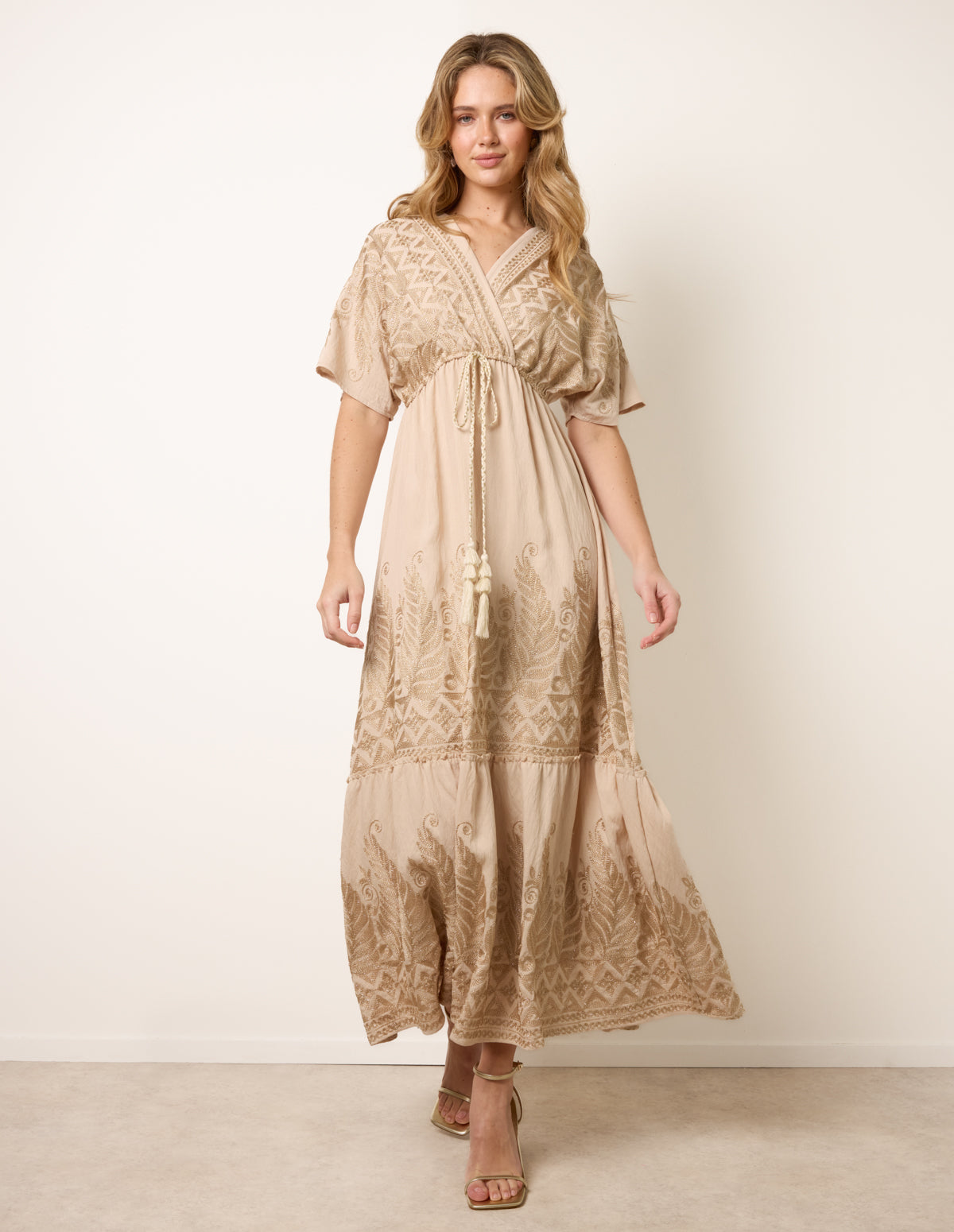 Beige | Metallic Embroidered Maxi Dress
