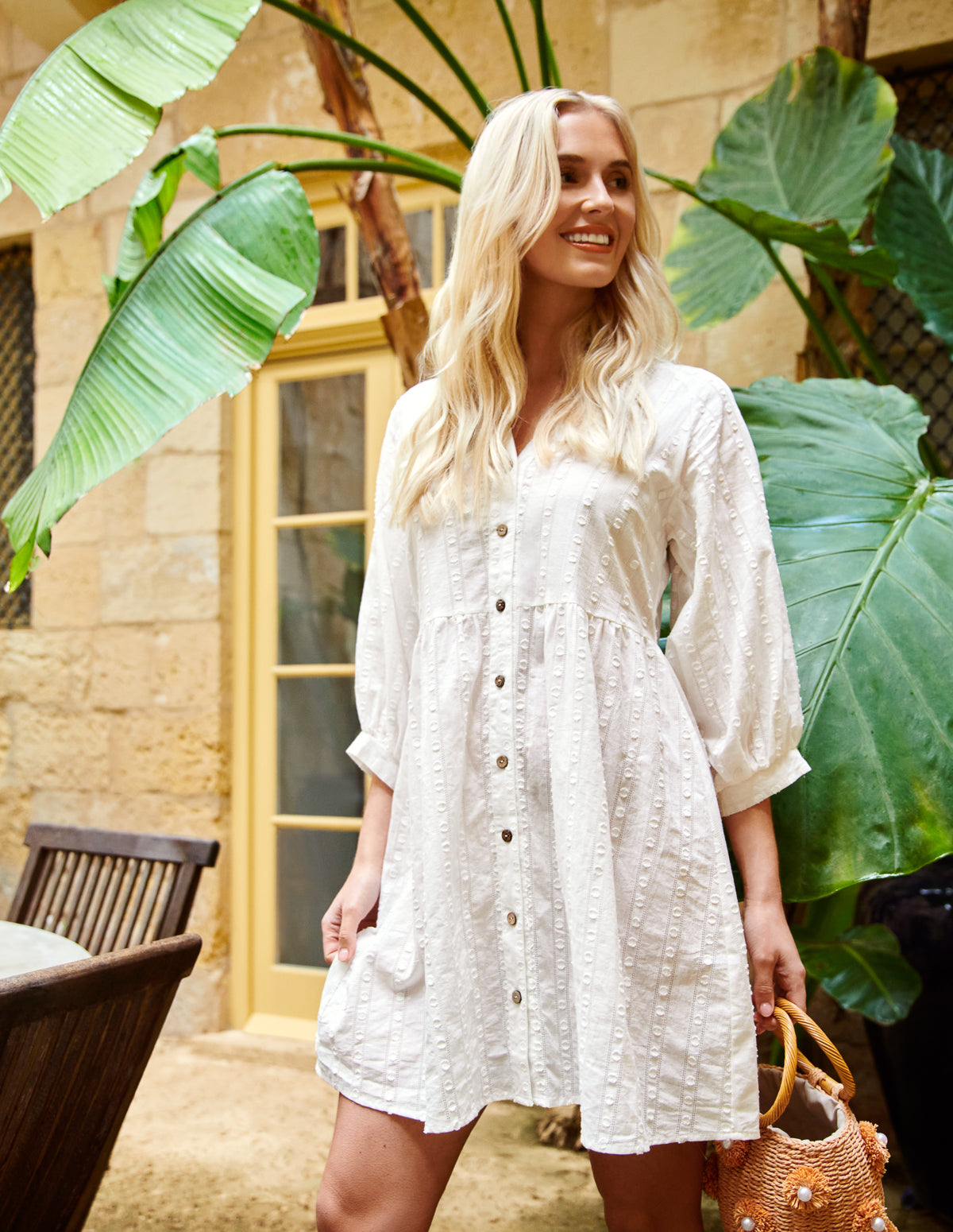 White Collar Textured Button Through Mini Dress Blue Vanilla