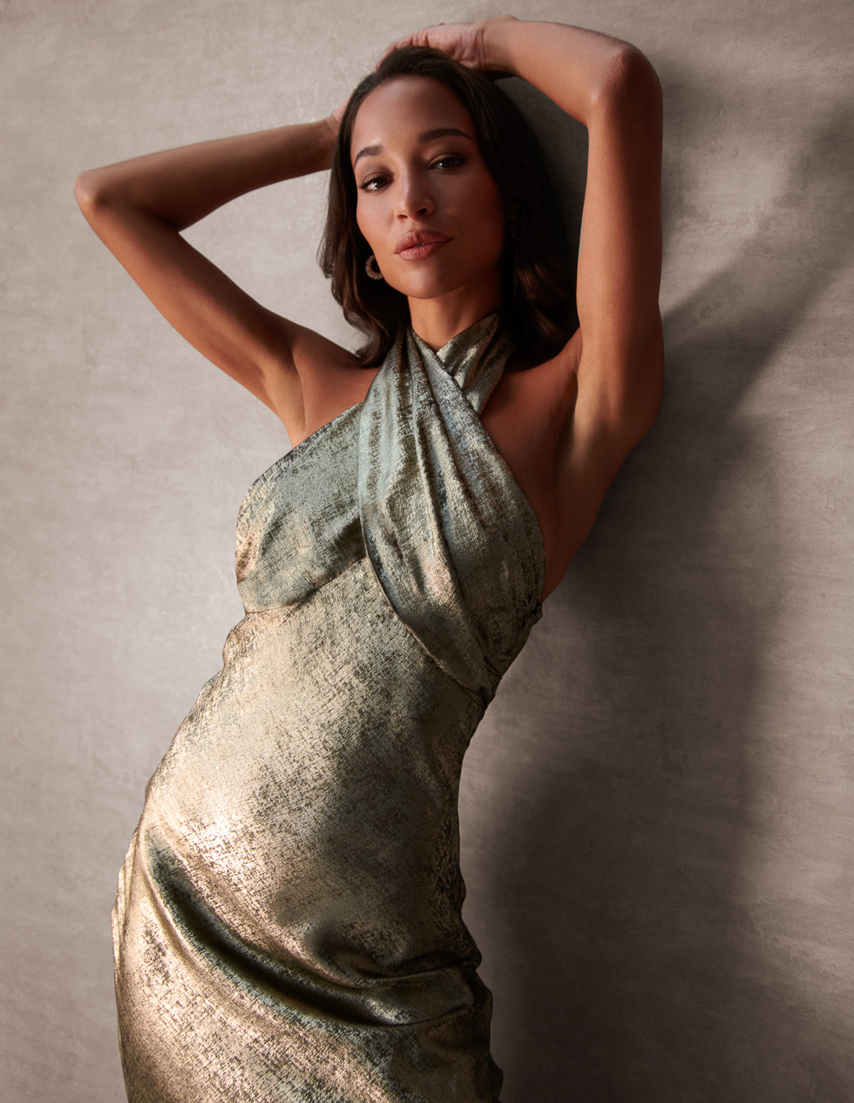 Gold | Luxe Twist Front Halter Neck Lame Dress | Blue Vanilla Gold | Luxe Twist Front Halter Neck Lame Dress | Blue Vanilla