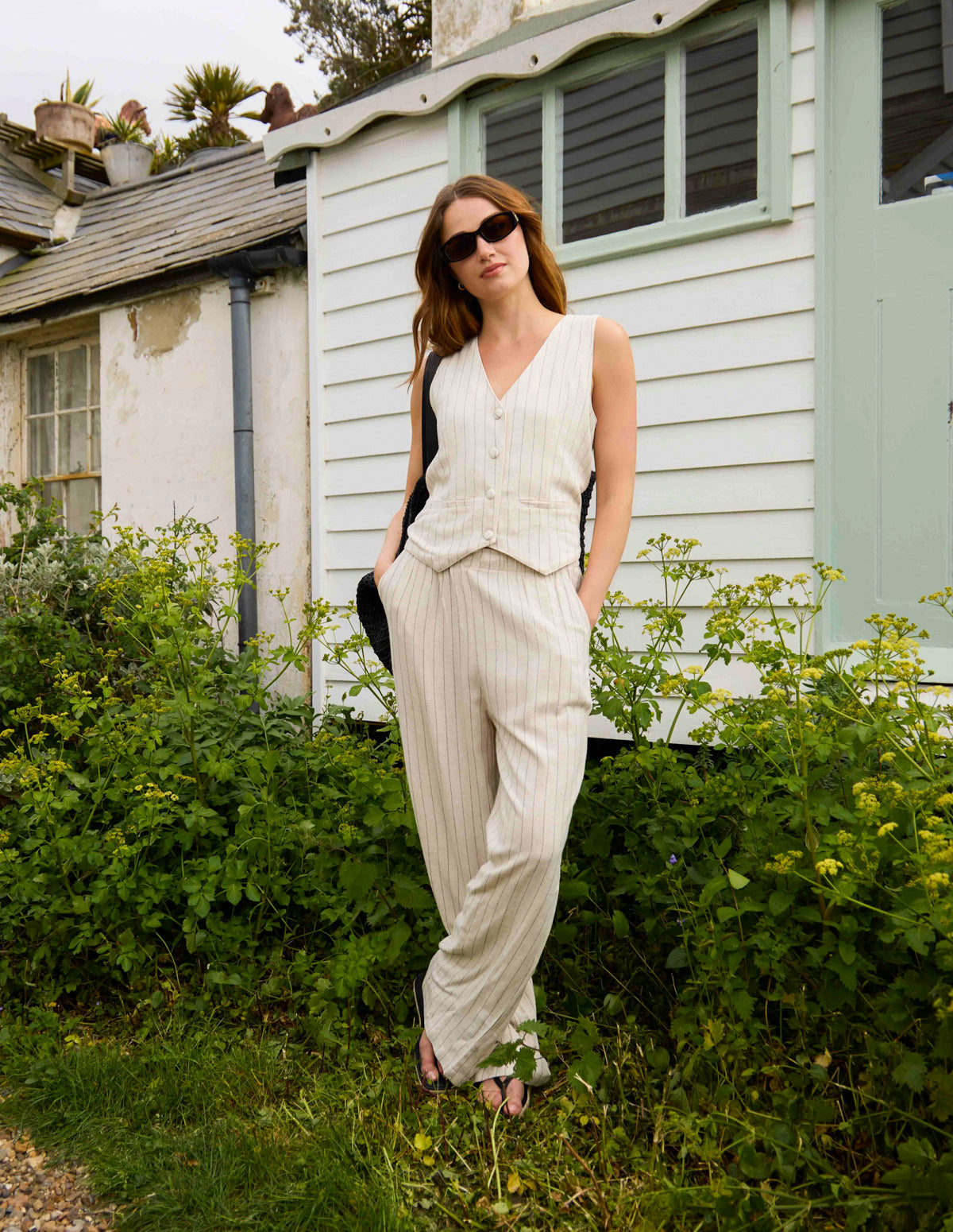 Linen Pinstripe Drawstring Trousers - Main Image