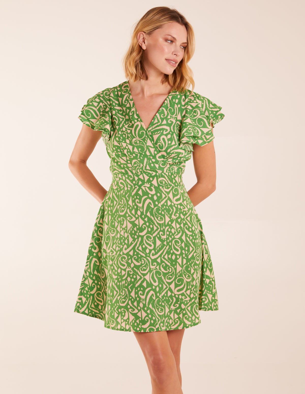 Green | Aztec Wrap Ruffle Frill Sleeve Mini Dress | Bklue Vanilla Blue Vanilla Green | Aztec Wrap Ruffle Frill Sleeve Mini Dress | Bklue Vanilla Blue Vanilla